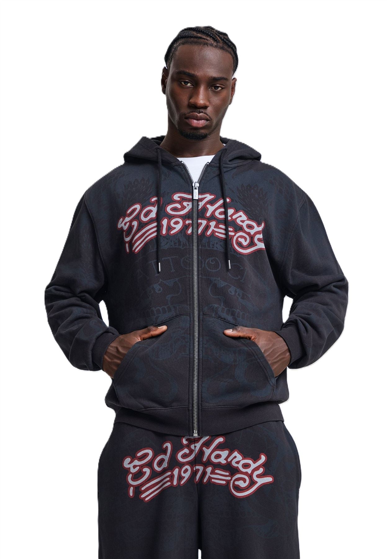 Ed Hardy Shadow Eagle Graphic Relaxed Zip Thru Sweats à Capuche Noirs Pour Hommes