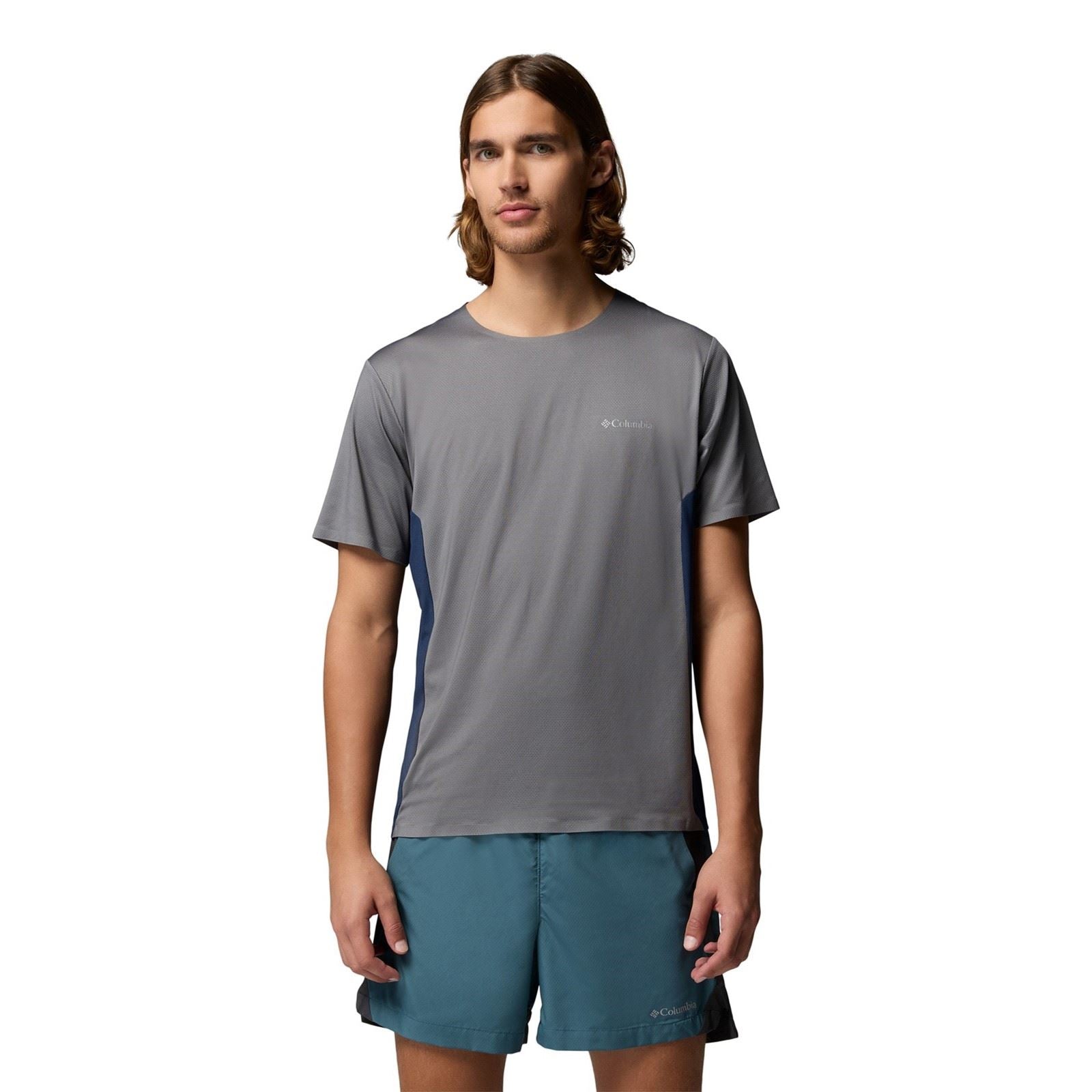 Columbia Three Pitch SS Crew T-Shirts De Sport Gris En Polyester Pour Hommes