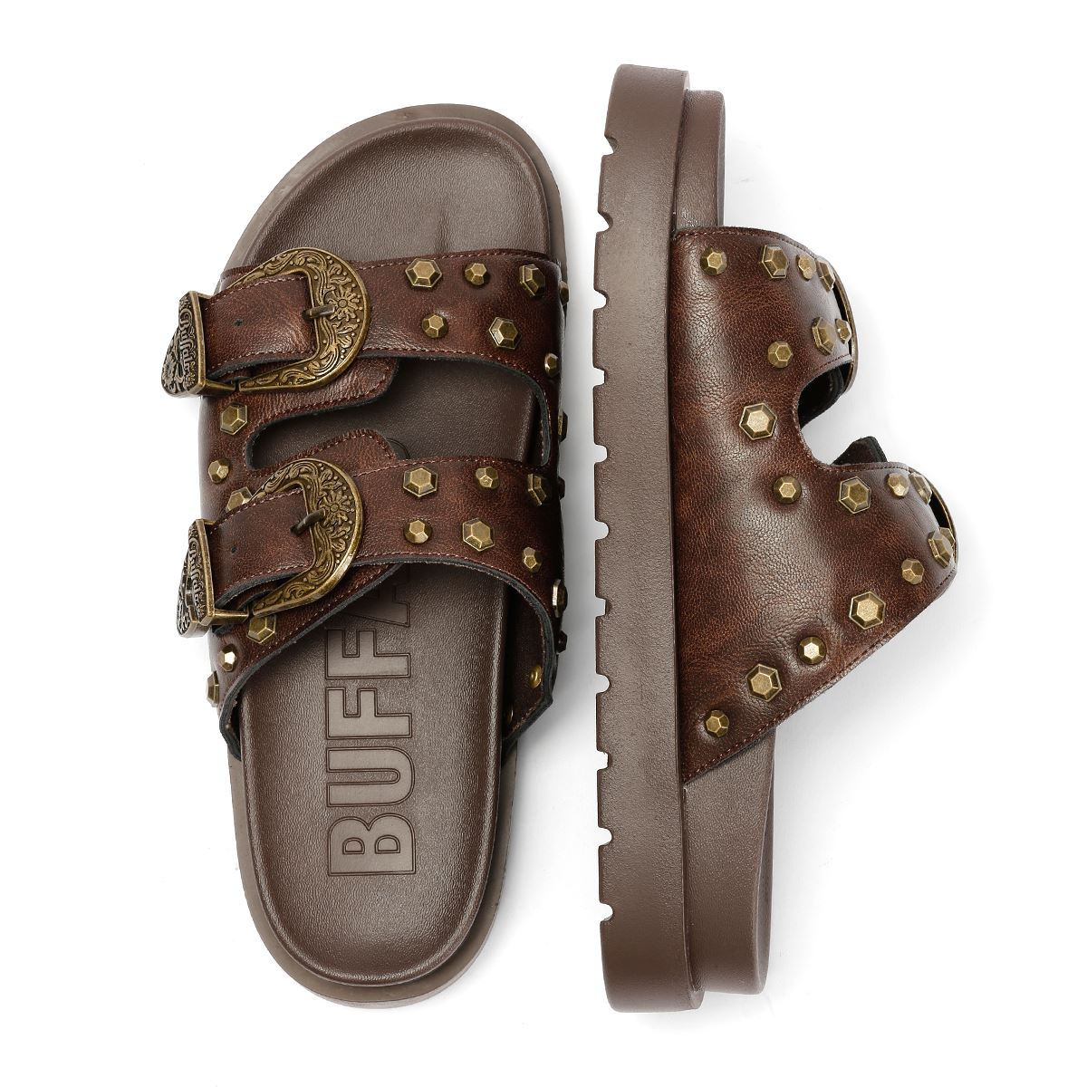 Buffalo Raya Ari West Sandales En Cuir Marron Pour Femmes