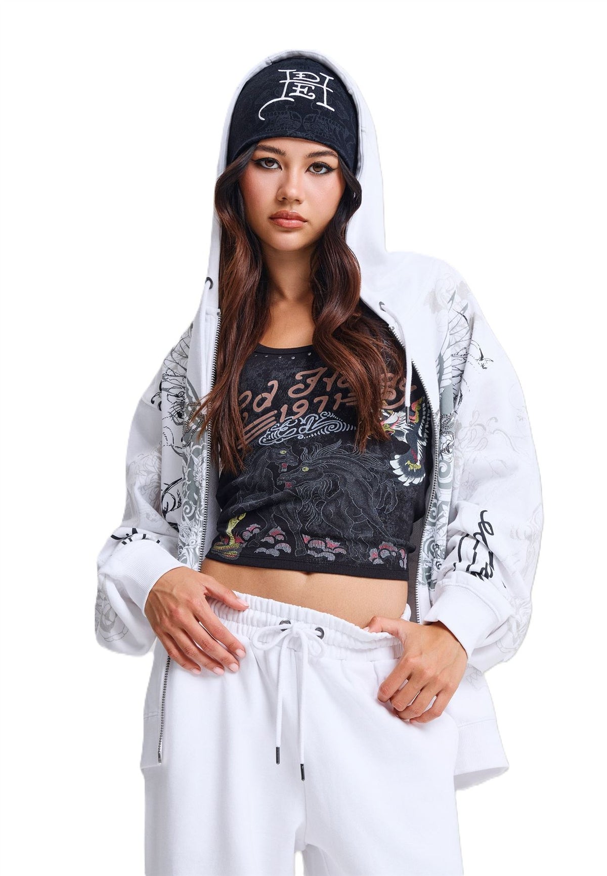 Ed Hardy Diamante Venom Enzyme Wash Relaxed Zip Thru Sweat-Shirts Et Sweat À Capuche Blancs Pour Femmes
