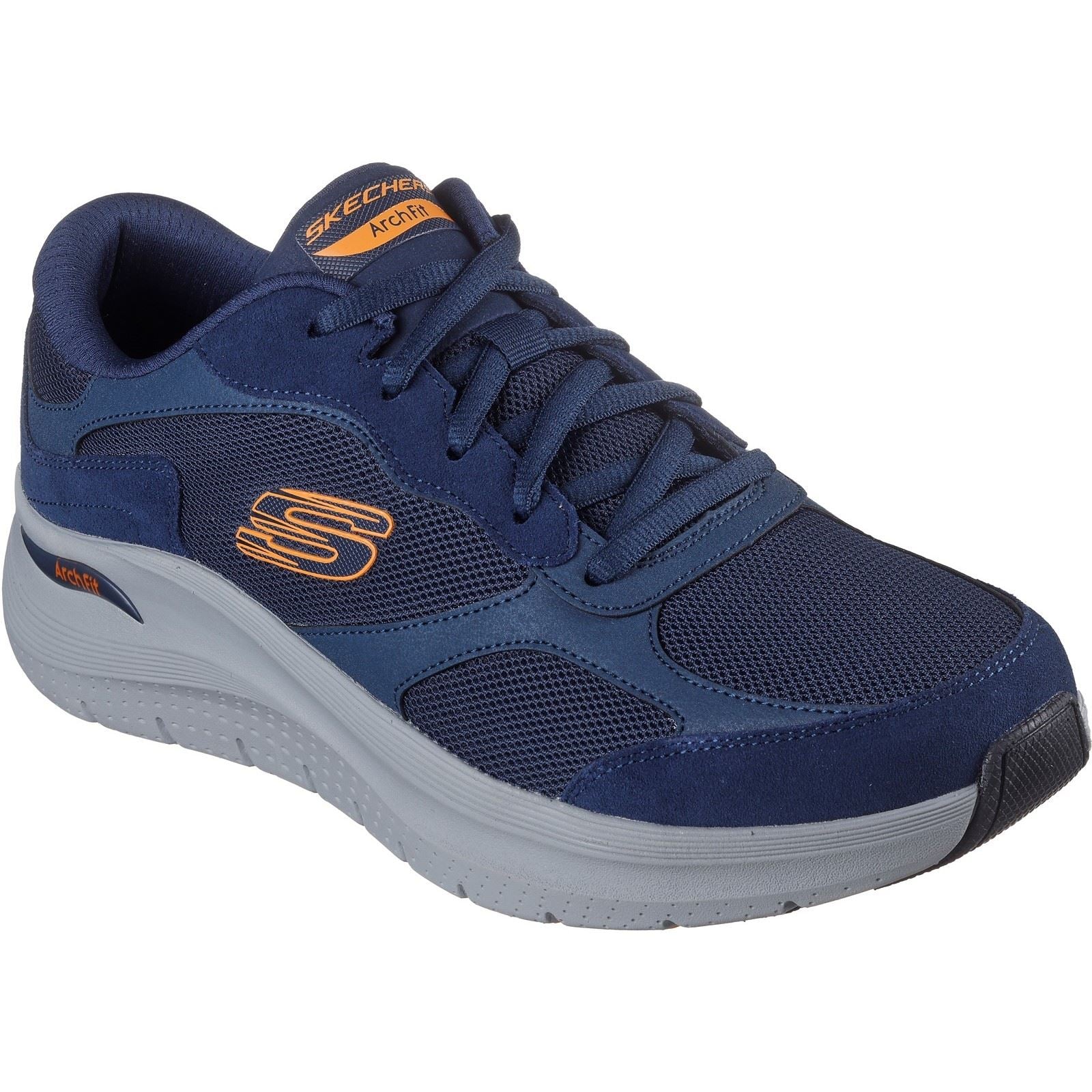 Skechers Arch Fit 2.0 The Keep Baskets Pour Hommes En Cuir Bleu Marine/Orange