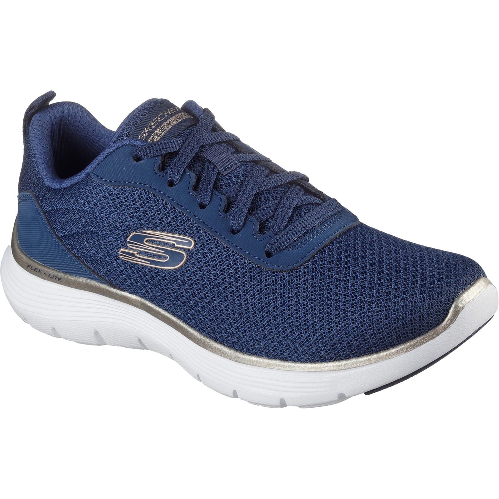 Skechers Flex Appeal 5.0 Uptake Chaussures De Sport Pour Femmes En Textile Bleu Marine/Or.