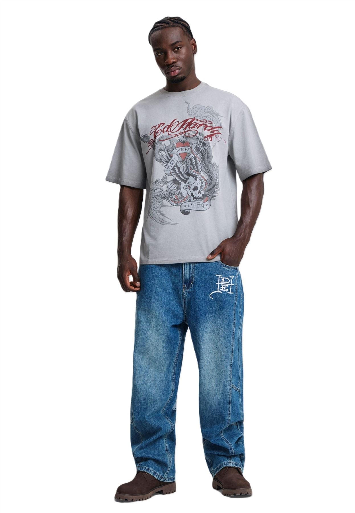 Ed Hardy Oil Wash New York Graphic Relaxed T-Shirts Gris Pour Hommes