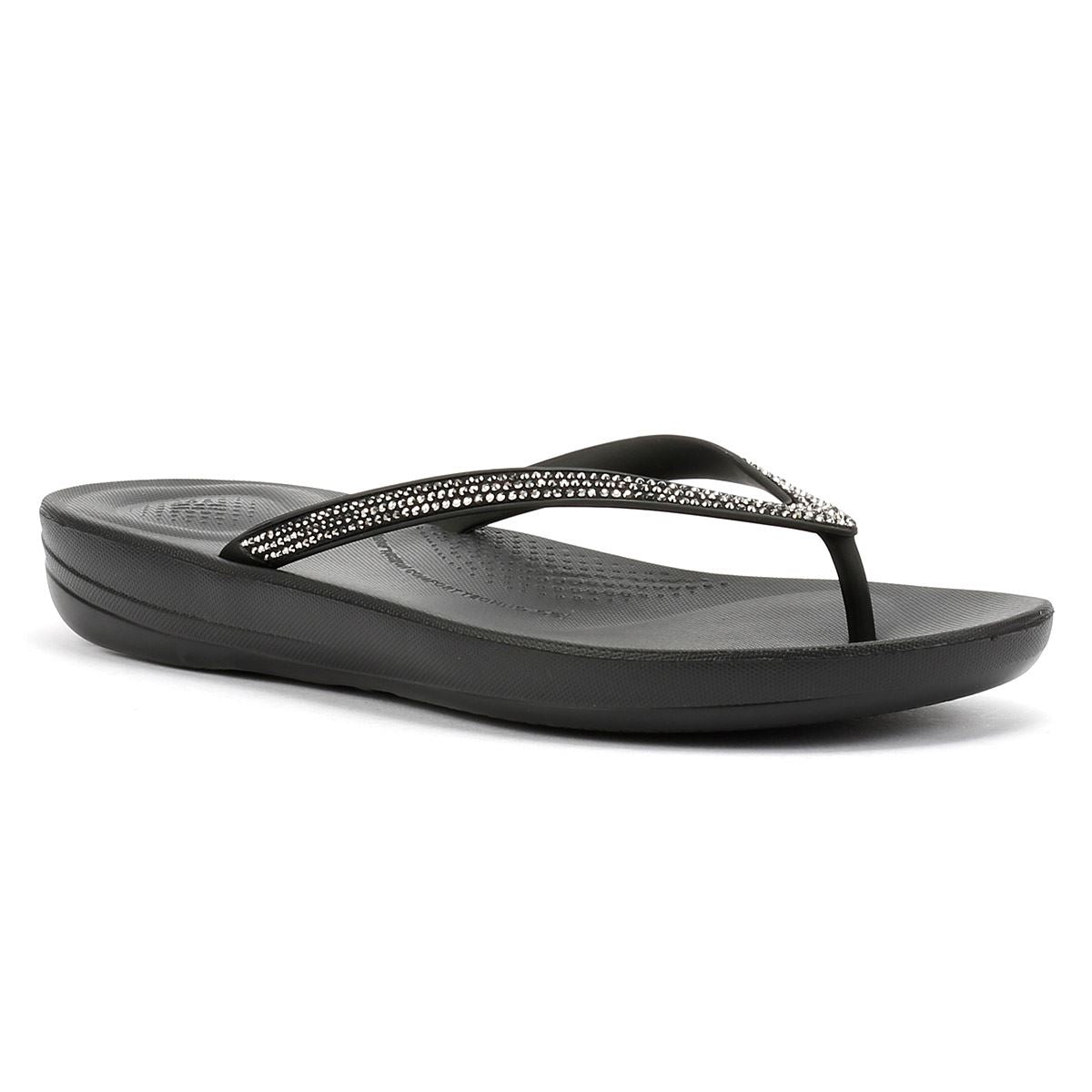 FitFlop Iqushion Sparkle Tongs Noires Pour Femmes En Caoutchouc