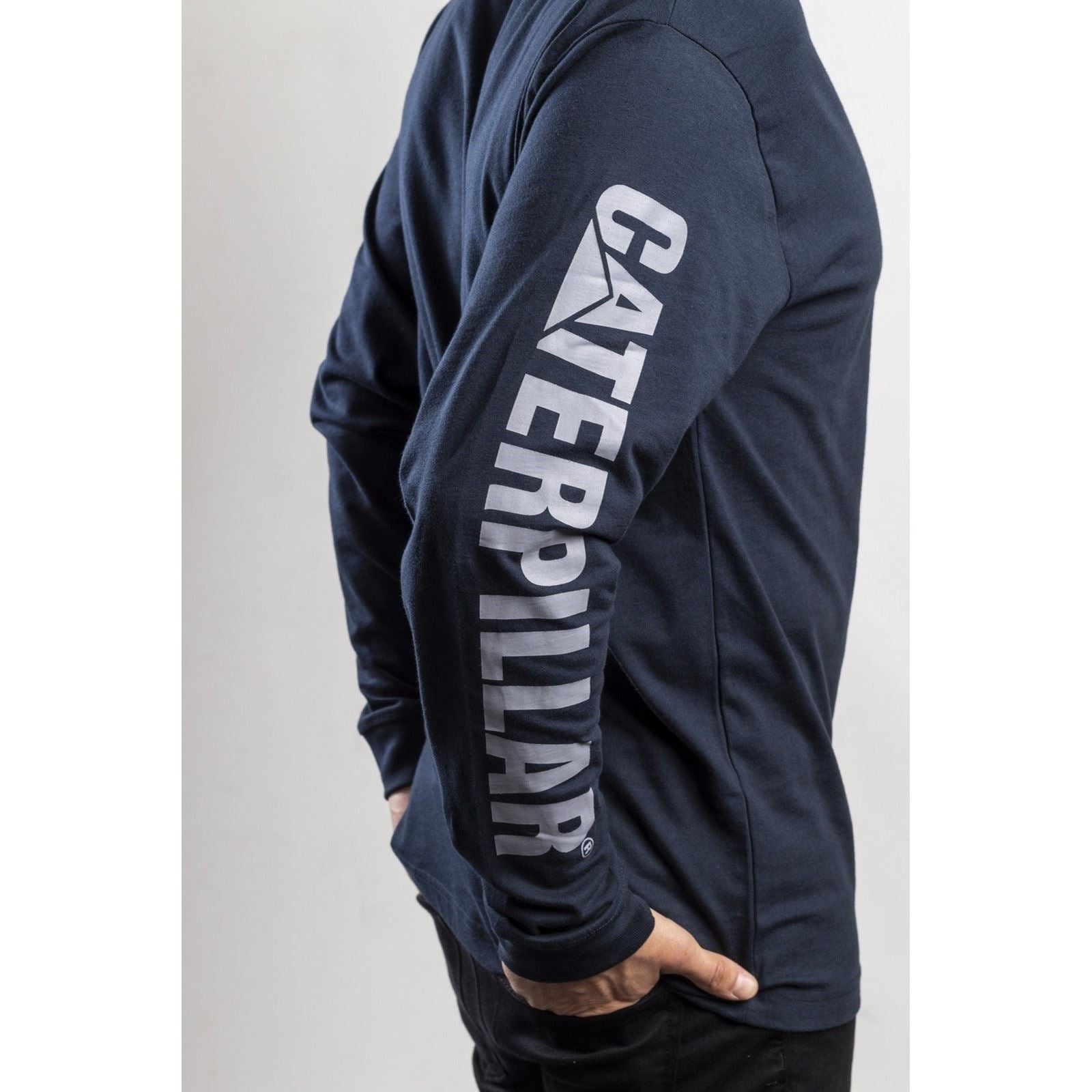 Caterpillar Trademark Banner Long Sleeve T-Shirt Pour Hommes En Coton Bleu