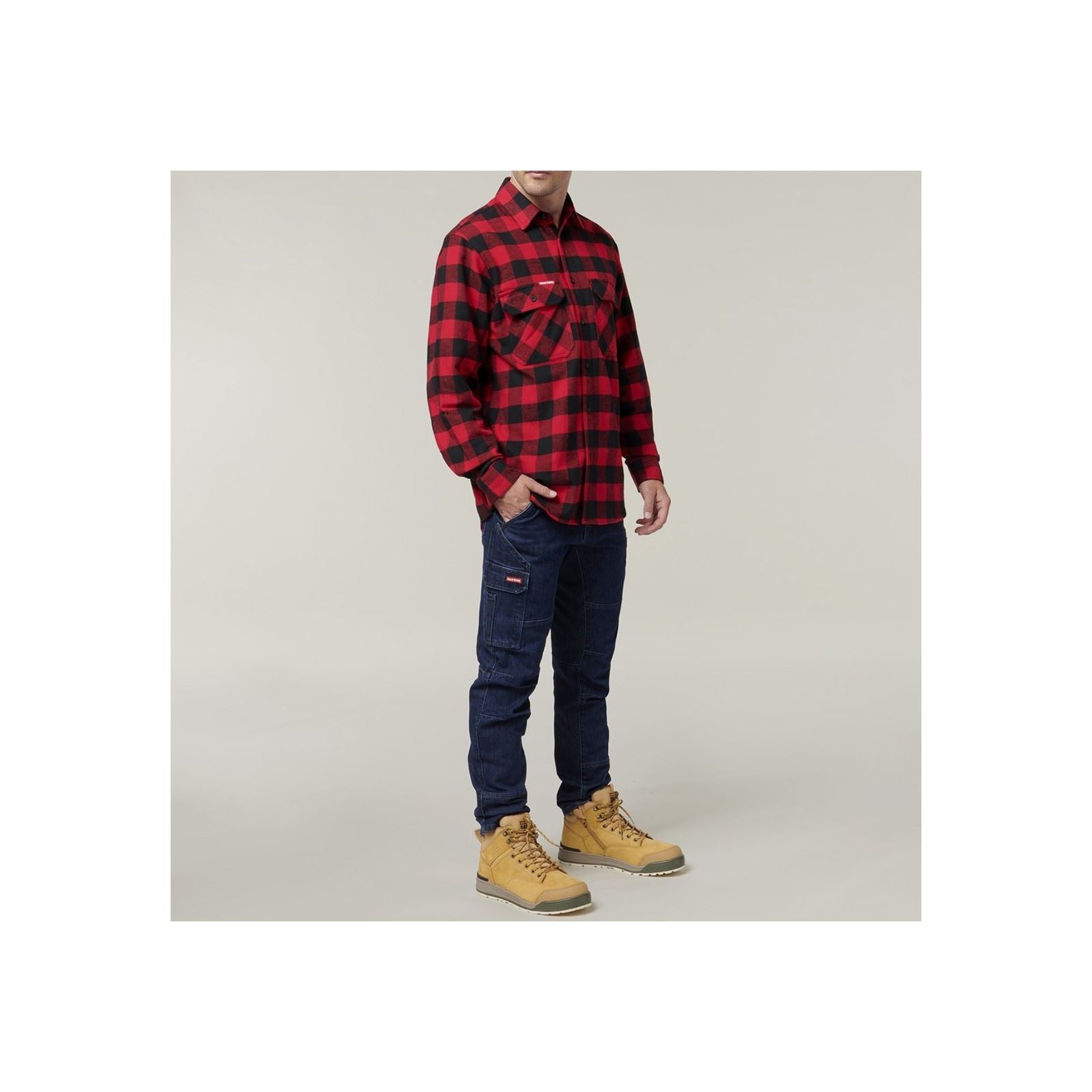 Hard Yakka Long Sleeve Check Flannel Chemise Décontractée Rouge En Coton Pour Homme