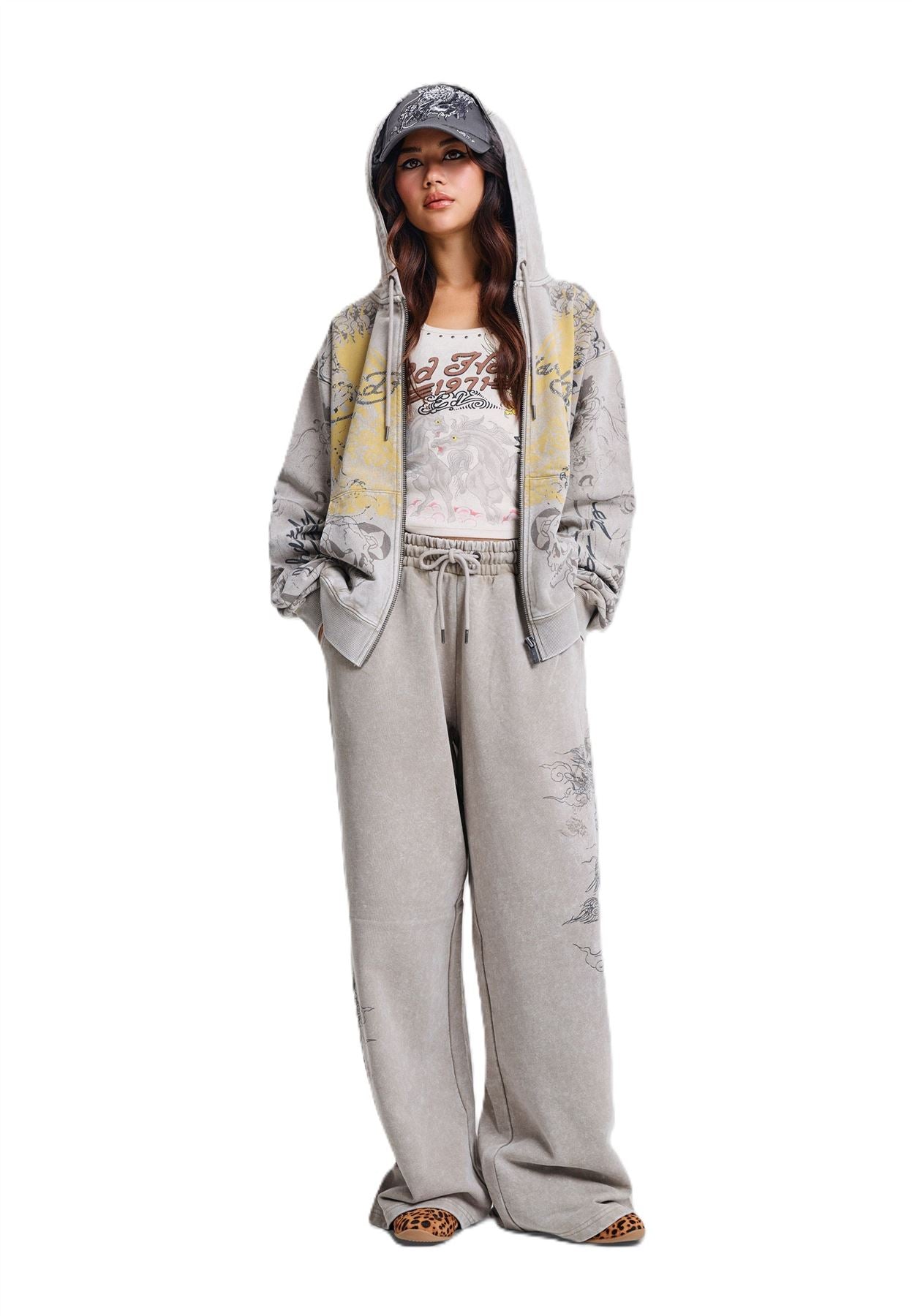 Ed Hardy Diamante Venom Stone Wash Relaxed Zip Thru Sweats à Capuche Gris Pour Femmes