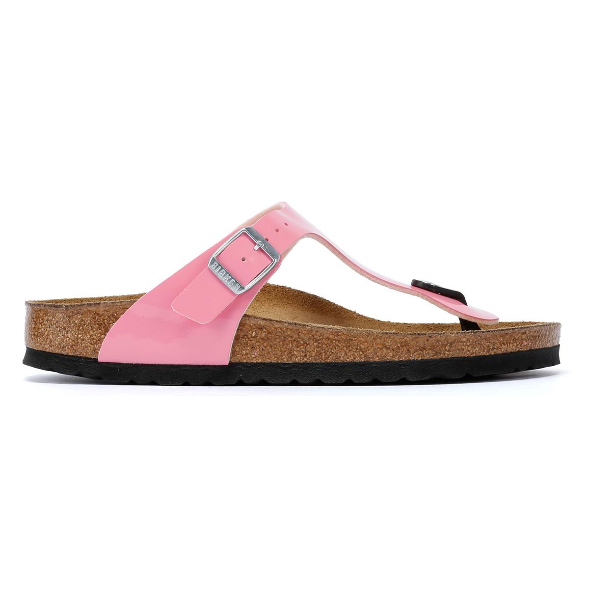 Birkenstock Gizeh Sandales Roses Bonbon/Noires En Cuir Verni Pour Femmes