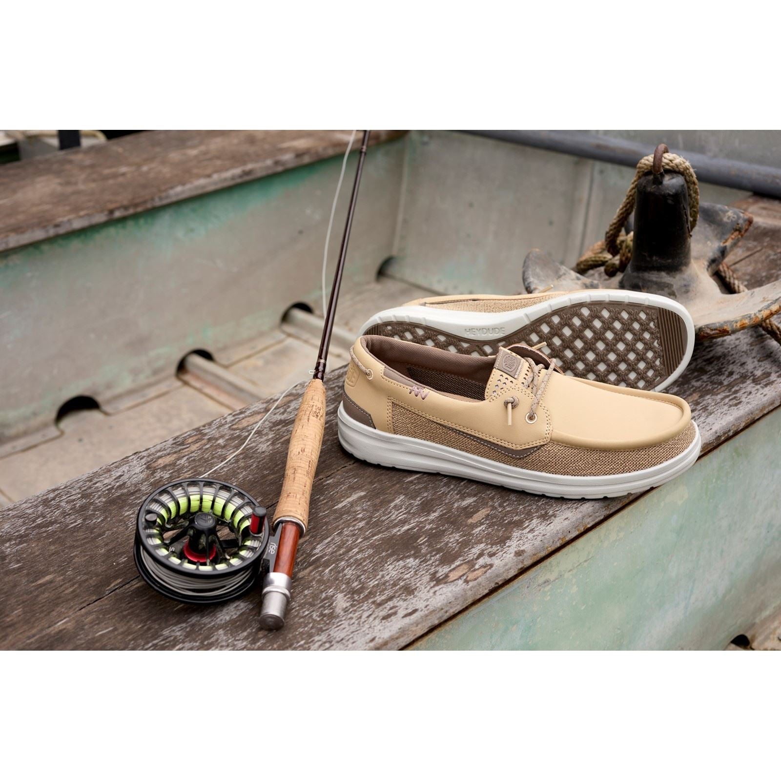 HEYDUDE Welsh Grip Classic Mesh Mocassins Bateau Marron En Mélange De Coton Pour Hommes