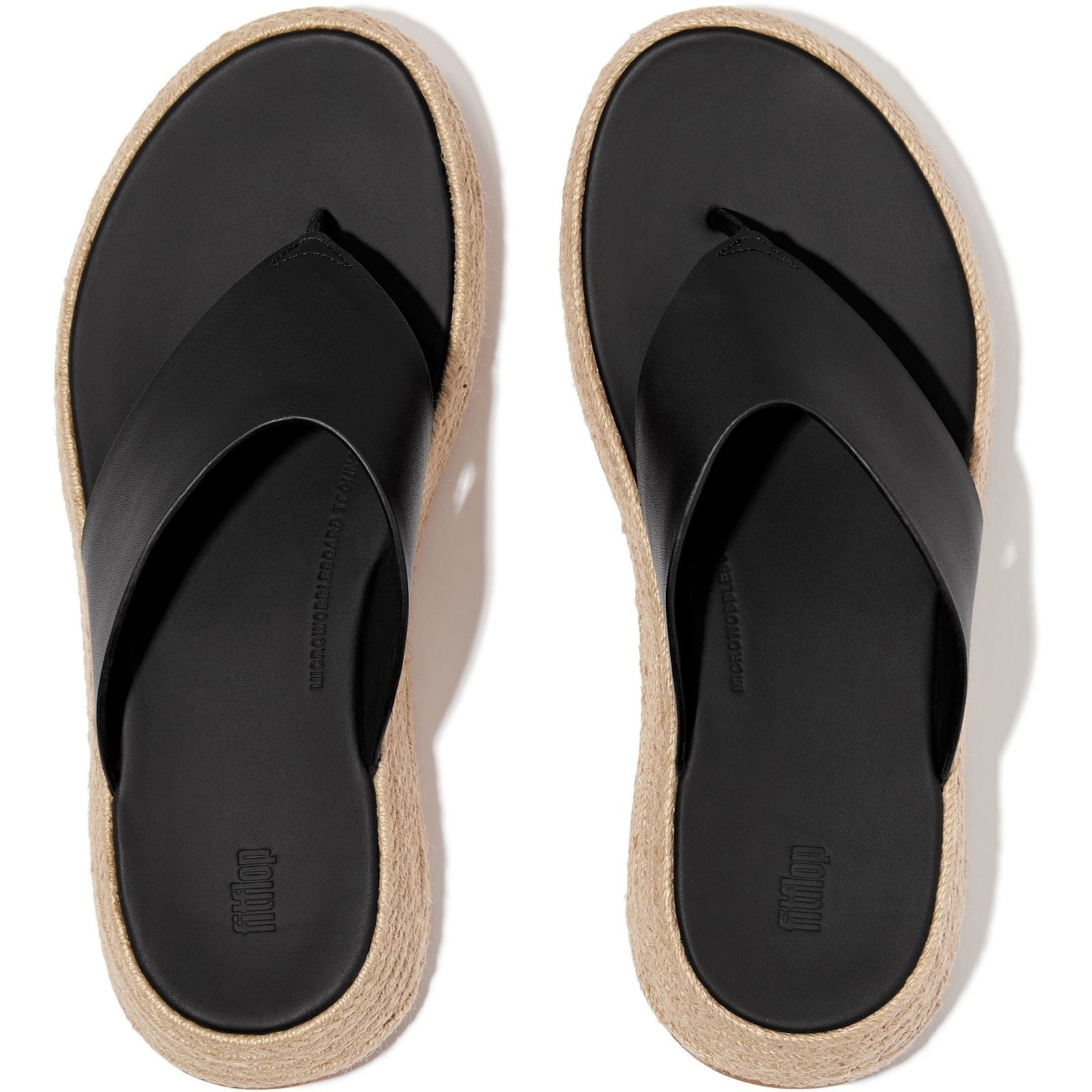 Fitflop F-Mode Toe Post Espadrille Sandales Noires En Cuir Pour Femmes