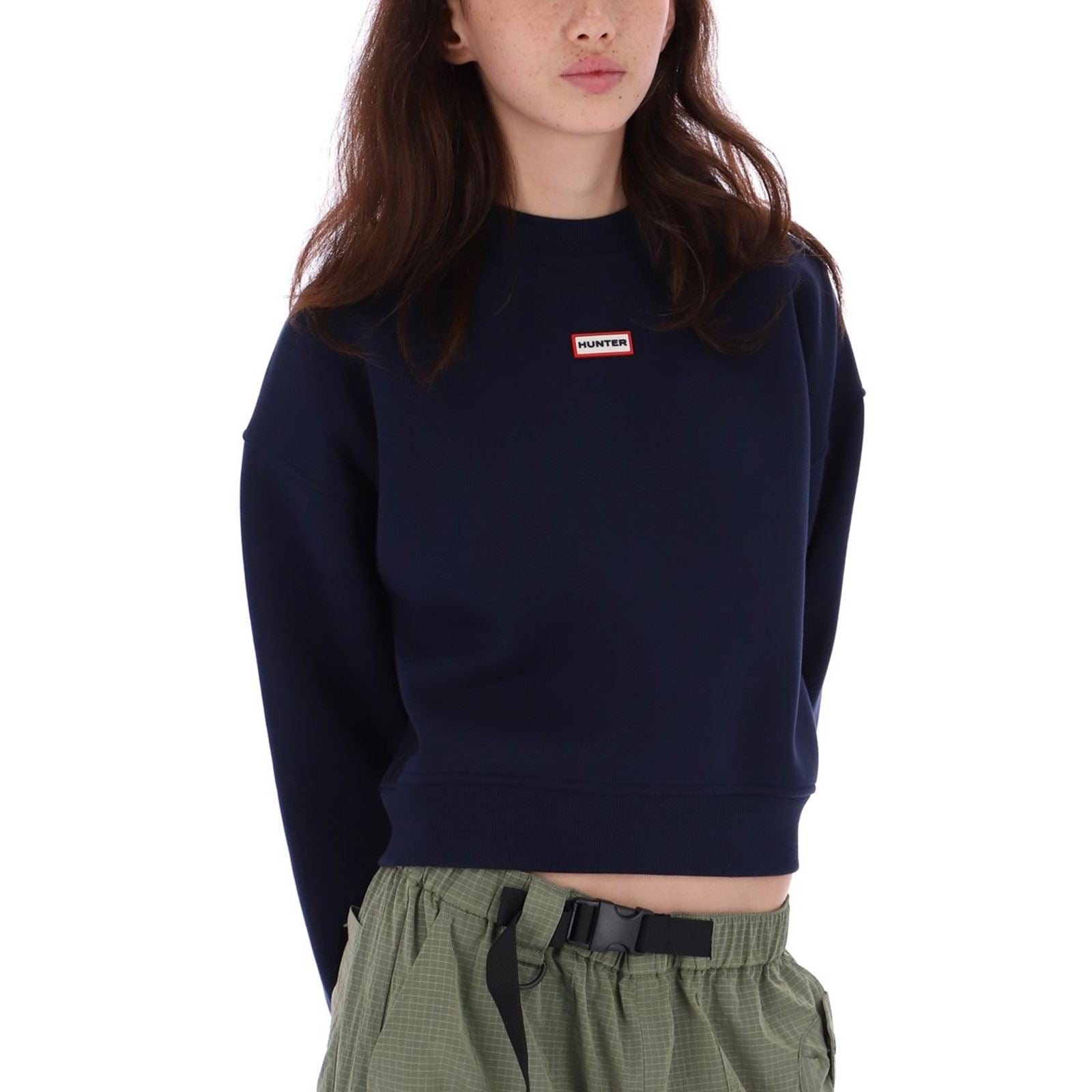 Hunter Tina Logo Cropped Crew Pull En Coton Bleu Pour Femme