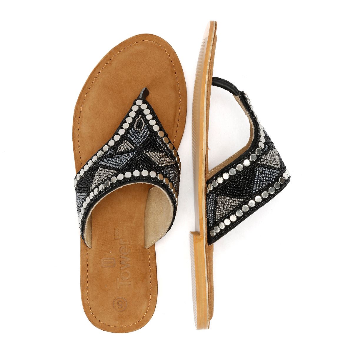 Tower London Wide Vamp Toepost Sandales Noires Pour Femmes