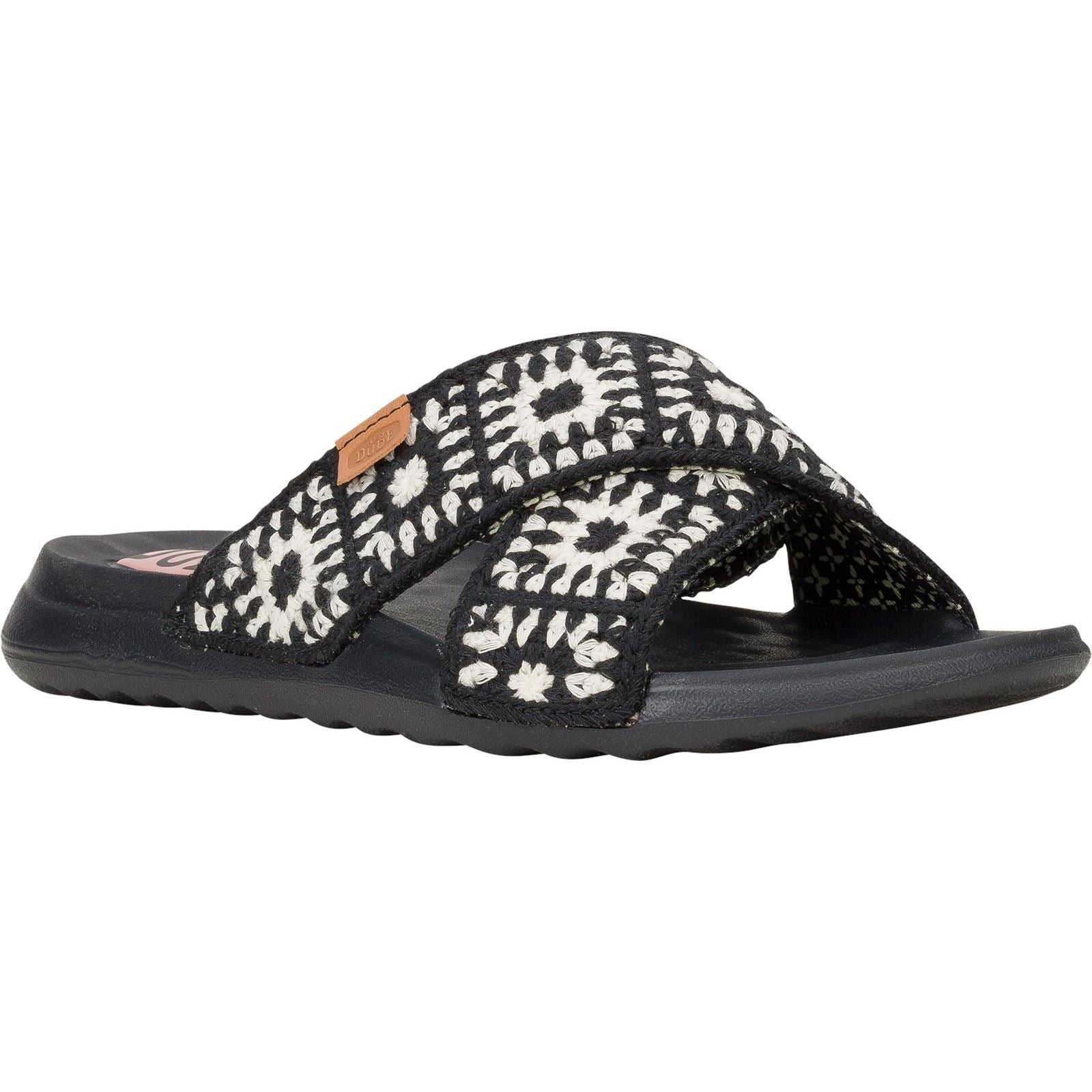 HEYDUDE Christi Slide Cottage Crochet Sandales En Coton Pour Femmes Noires/Blanches