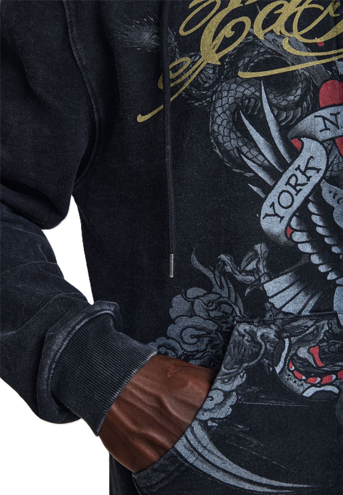 Ed Hardy New York Washed Relaxed Zip Thru Sweats à Capuche Noirs Pour Hommes