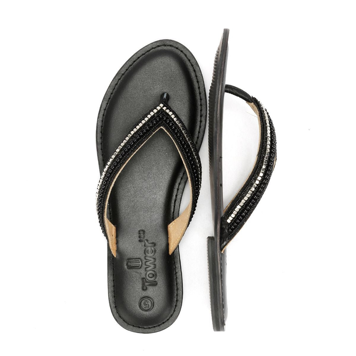 Tower London Metallic Bead Thong Sandales Noires Pour Femmes