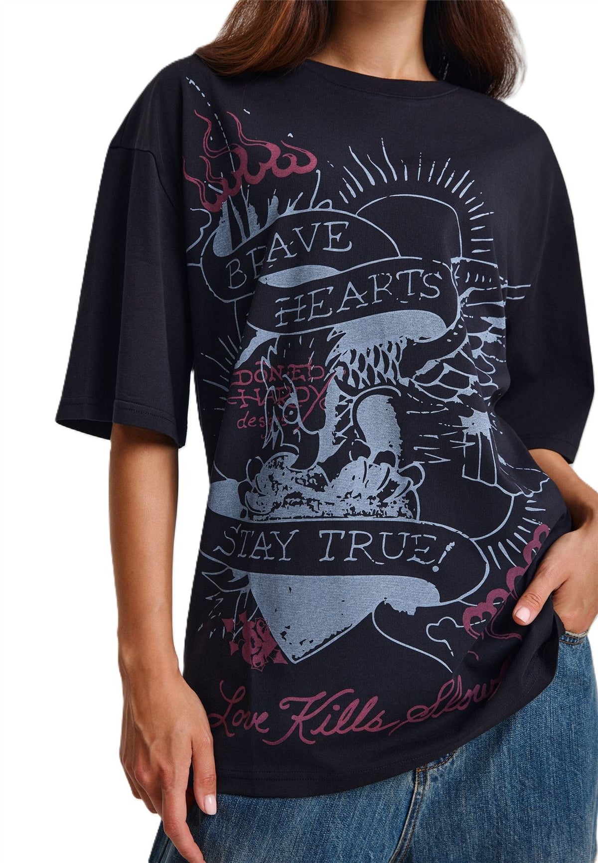 Ed Hardy Brave Hearts True Washed Relaxed T-Shirts Noirs Pour Femmes