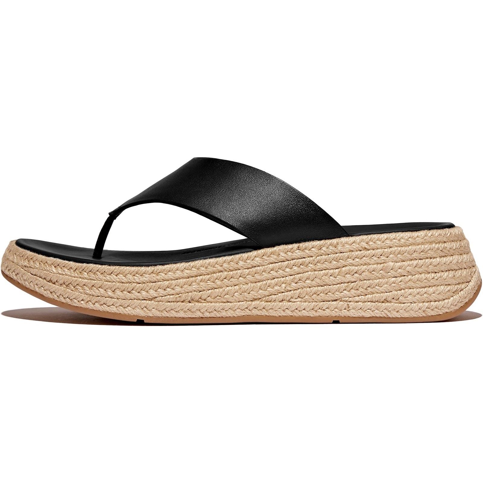 Fitflop F-Mode Toe Post Espadrille Sandales Noires En Cuir Pour Femmes