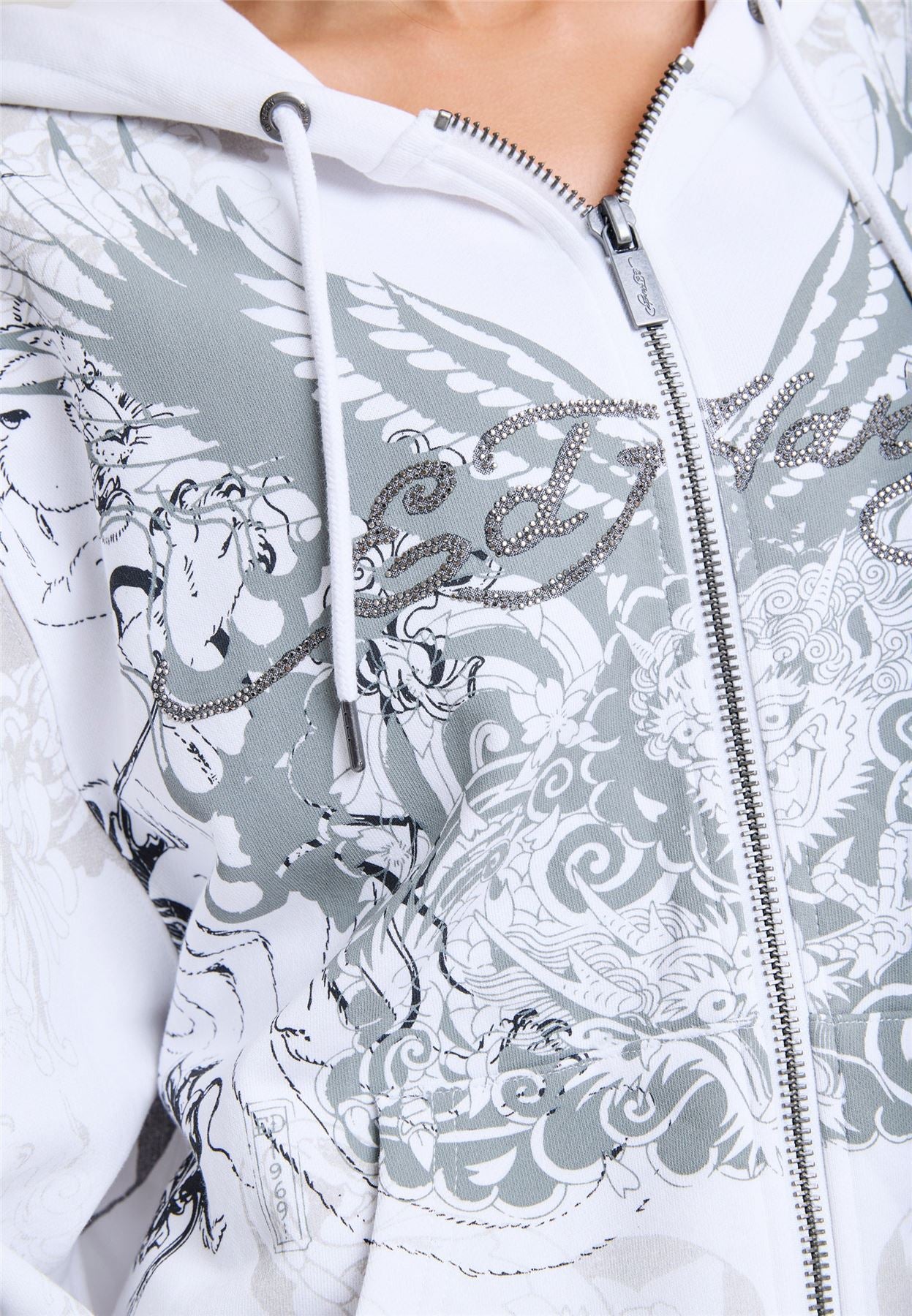 Ed Hardy Diamante Venom Enzyme Wash Relaxed Zip Thru Sweat-Shirts Et Sweat À Capuche Blancs Pour Femmes