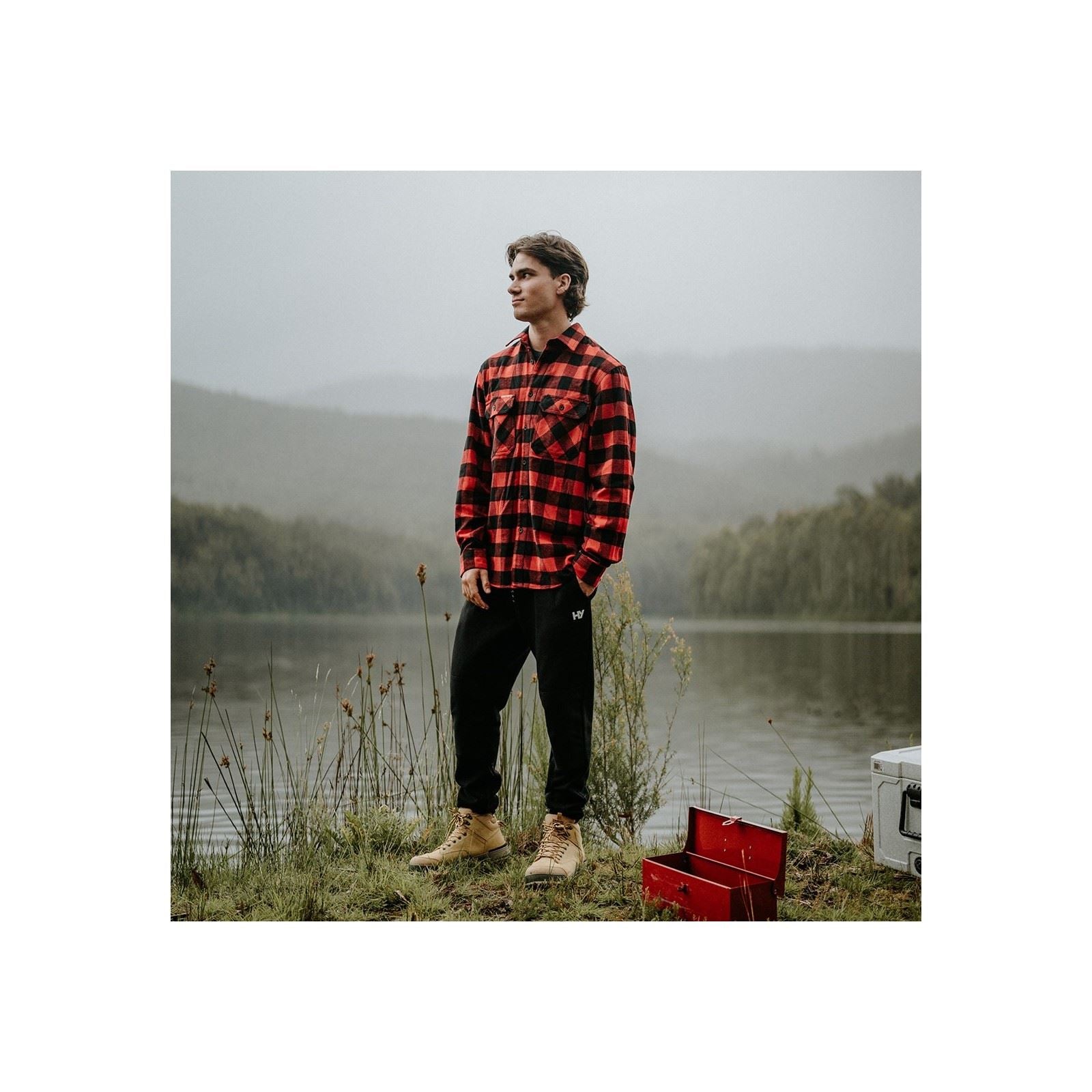 Hard Yakka Long Sleeve Check Flannel Chemise Décontractée Rouge En Coton Pour Homme