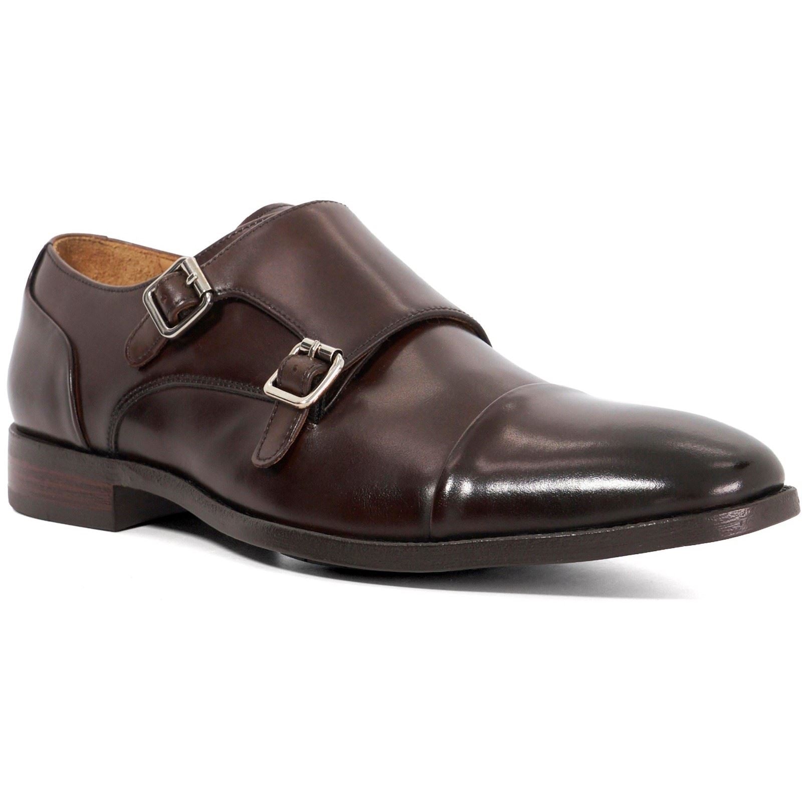 Dune Satchin Chaussures À Double Boucle Pour Hommes En Cuir Marron Foncé