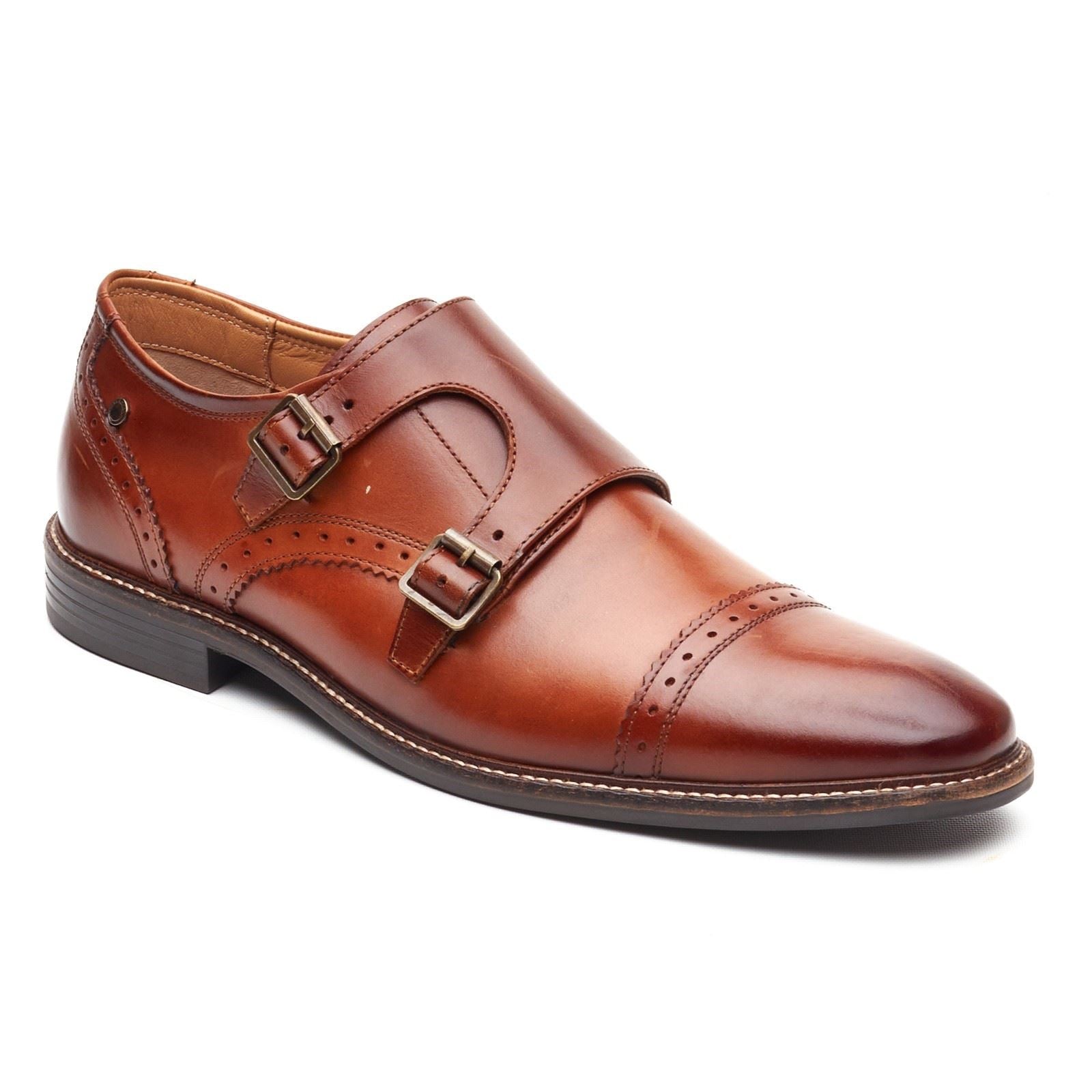 Base London Henley Monk Chaussures À Double Boucle Pour Hommes En Cuir Brun Brûlé