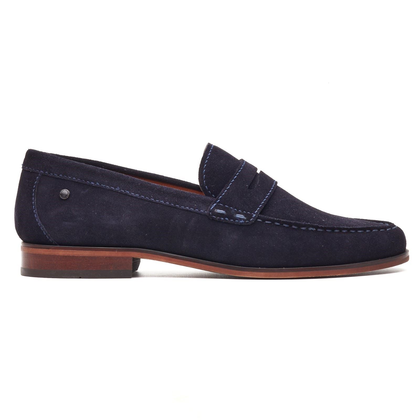 Base London Slate Loafer Mocassins En Cuir Pour Hommes Bleu Marine