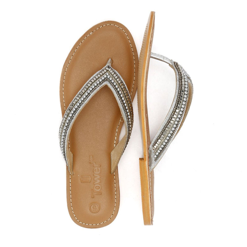 Tower London Metallic Bead Thong Sandales Argentées Pour Femmes