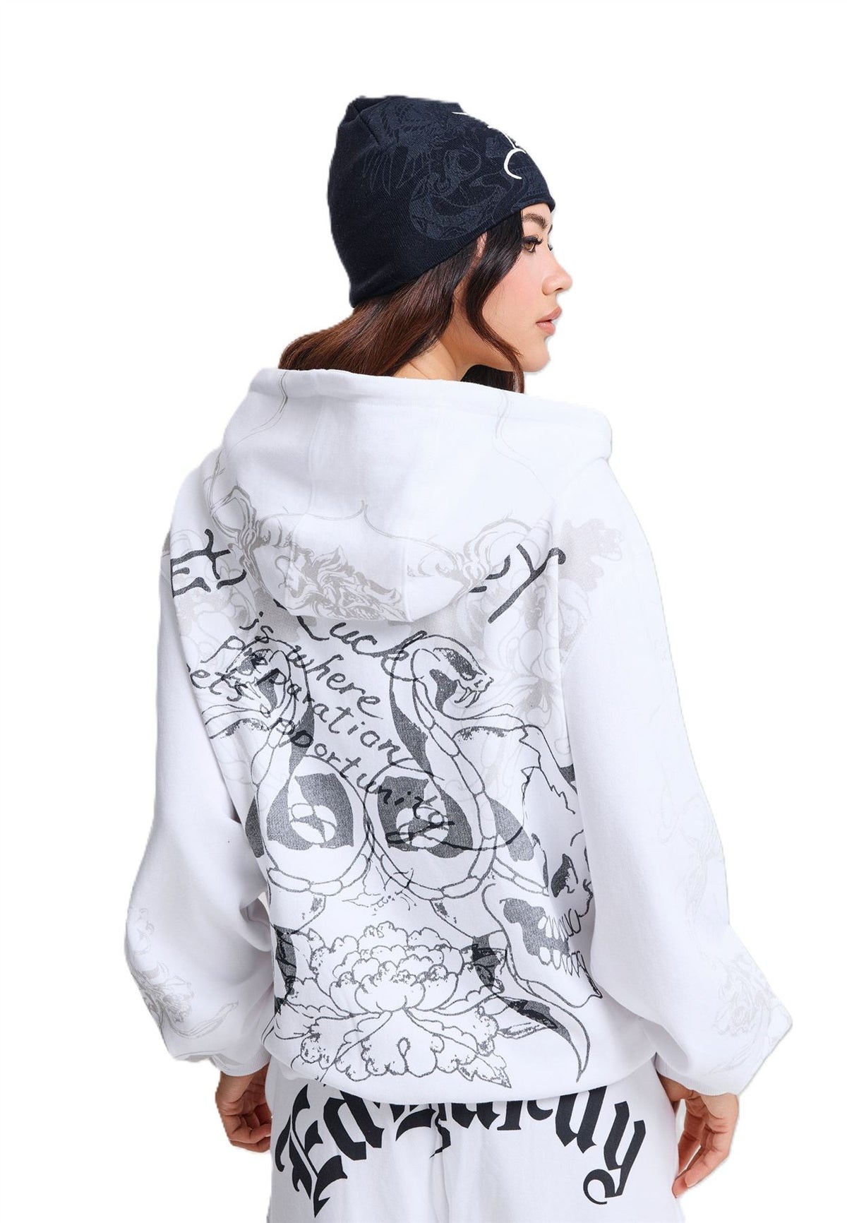 Ed Hardy Diamante Venom Enzyme Wash Relaxed Zip Thru Sweat-Shirts Et Sweat À Capuche Blancs Pour Femmes