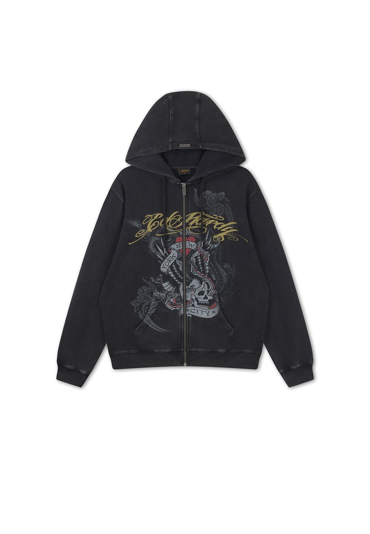 Ed Hardy New York Washed Relaxed Zip Thru Sweats à Capuche Noirs Pour Hommes