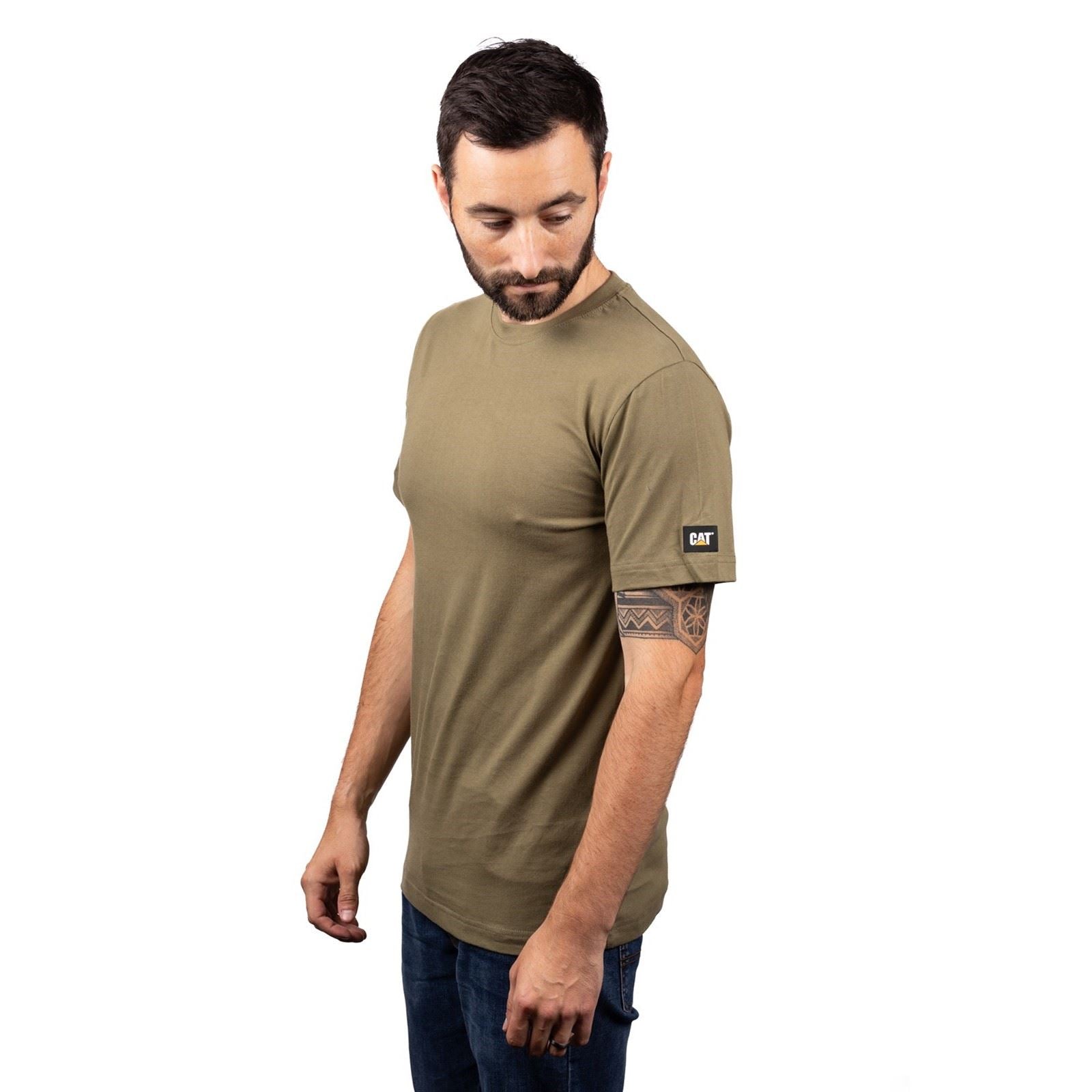Caterpillar Essentials Short Sleeve T-Shirts En Coton Pour Hommes Verts À Manches Courtes
