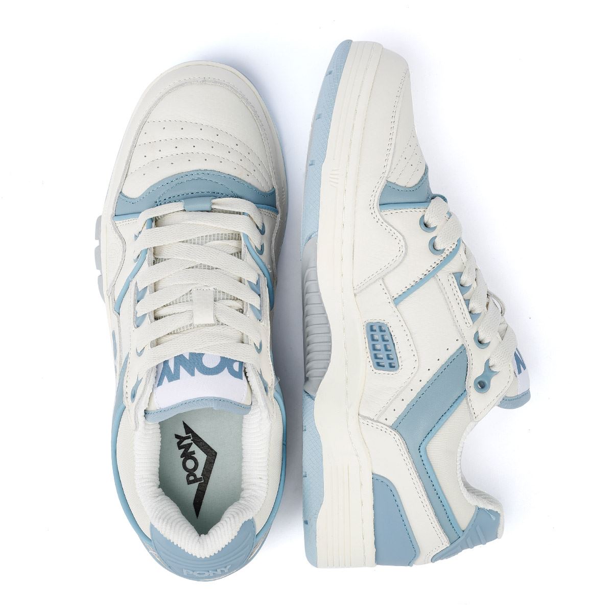 Pony M_100 Low Des Baskets Blanches/Bleues Ciel En Cuir