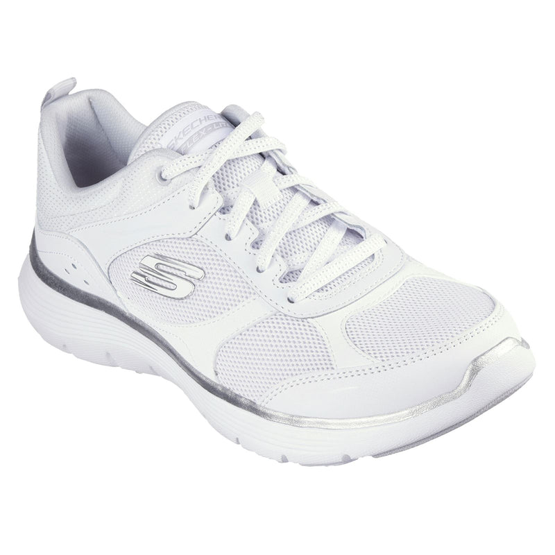 Skechers Flex Appeal 5.0 Fresh Touch Baskets En Cuir Blanc/Argent Pour Femmes