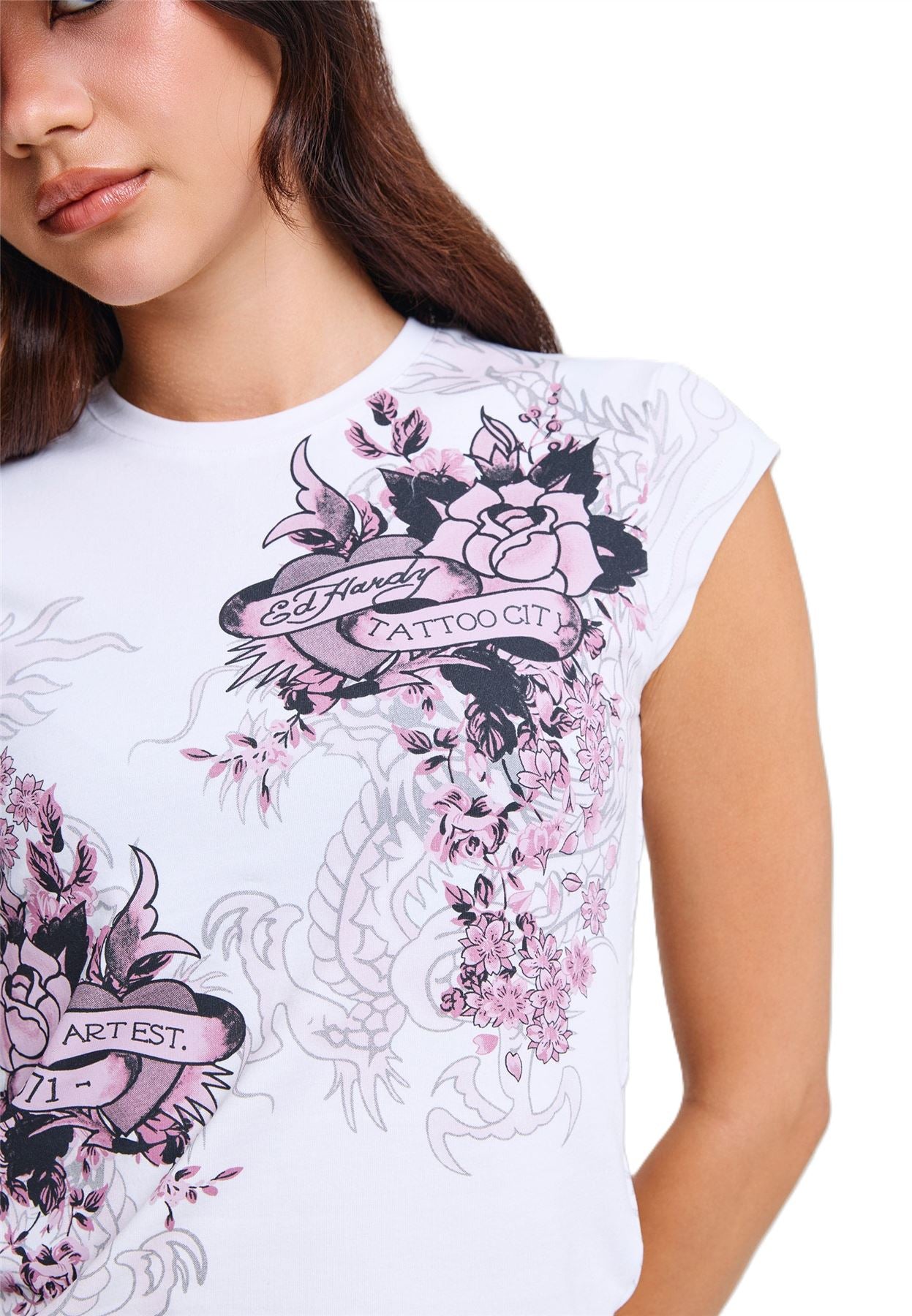 Ed Hardy Tattoo City Cap Sleeve Top T-Shirts Blancs Pour Femmes