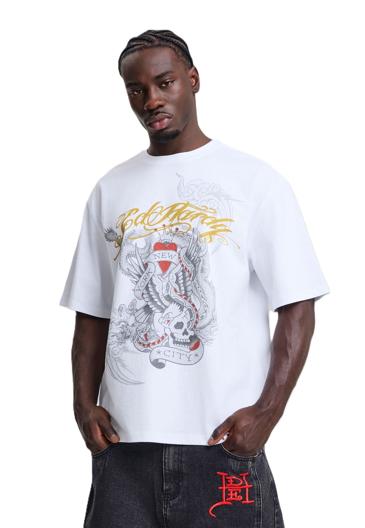 Ed Hardy Storming New York Graphic Relaxed T-Shirts Blancs Pour Hommes