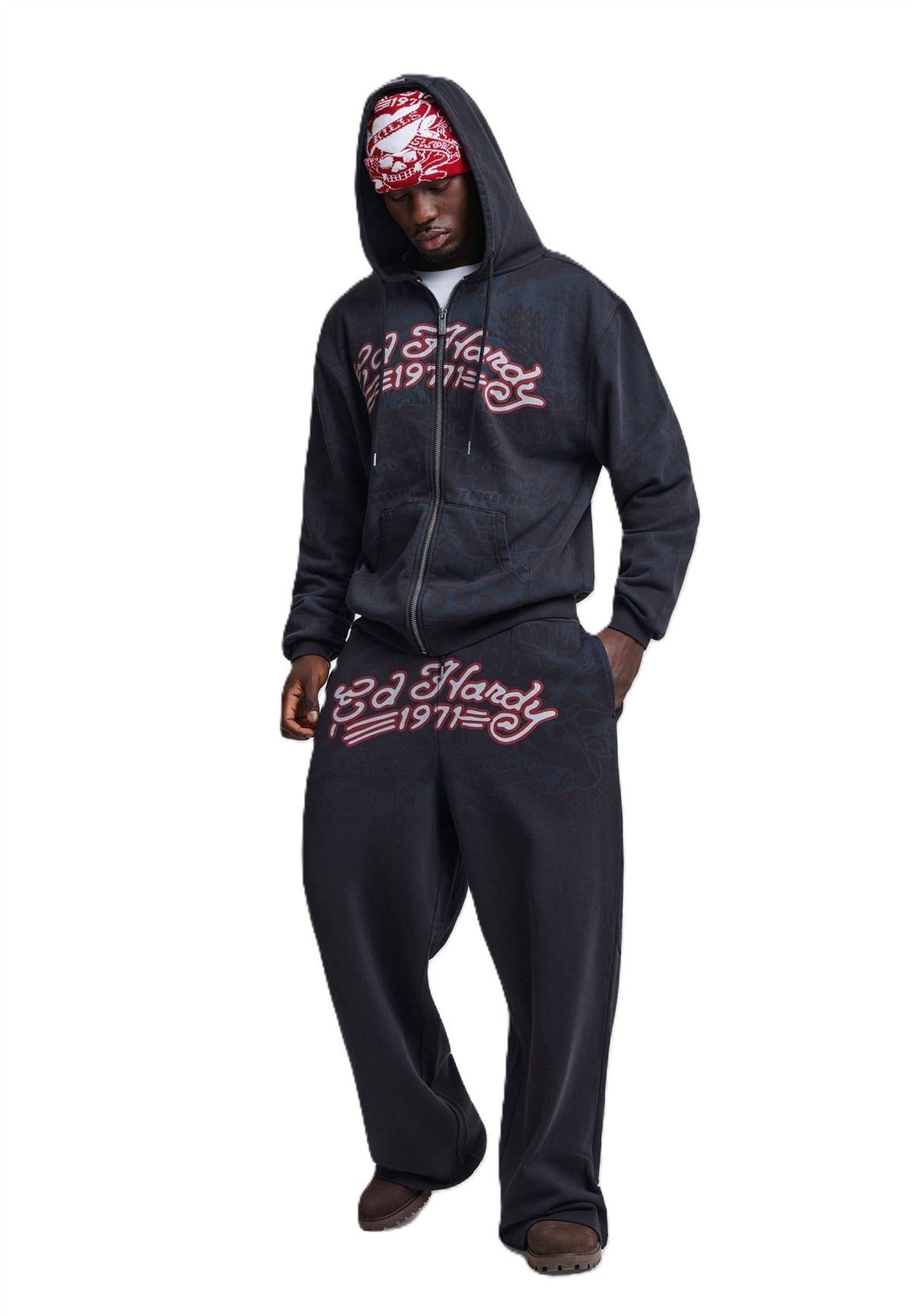 Ed Hardy Shadow Eagle Graphic Relaxed Zip Thru Sweats à Capuche Noirs Pour Hommes