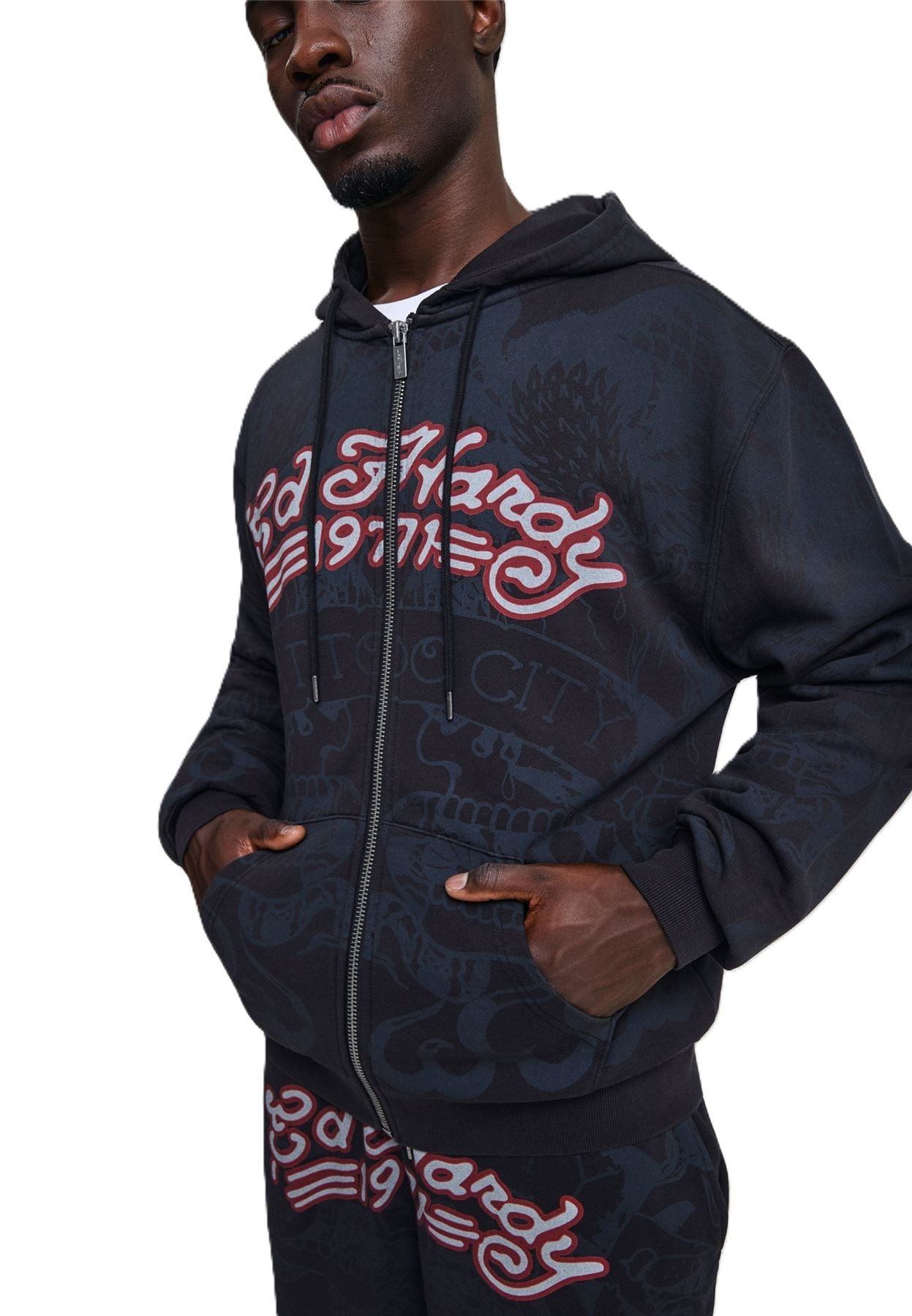 Ed Hardy Shadow Eagle Graphic Relaxed Zip Thru Sweats à Capuche Noirs Pour Hommes