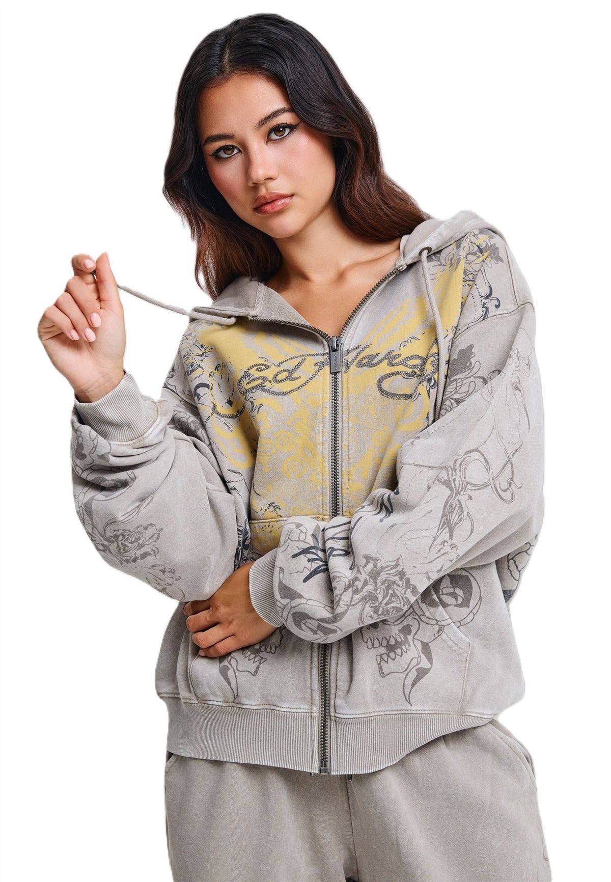 Ed Hardy Diamante Venom Stone Wash Relaxed Zip Thru Sweats à Capuche Gris Pour Femmes