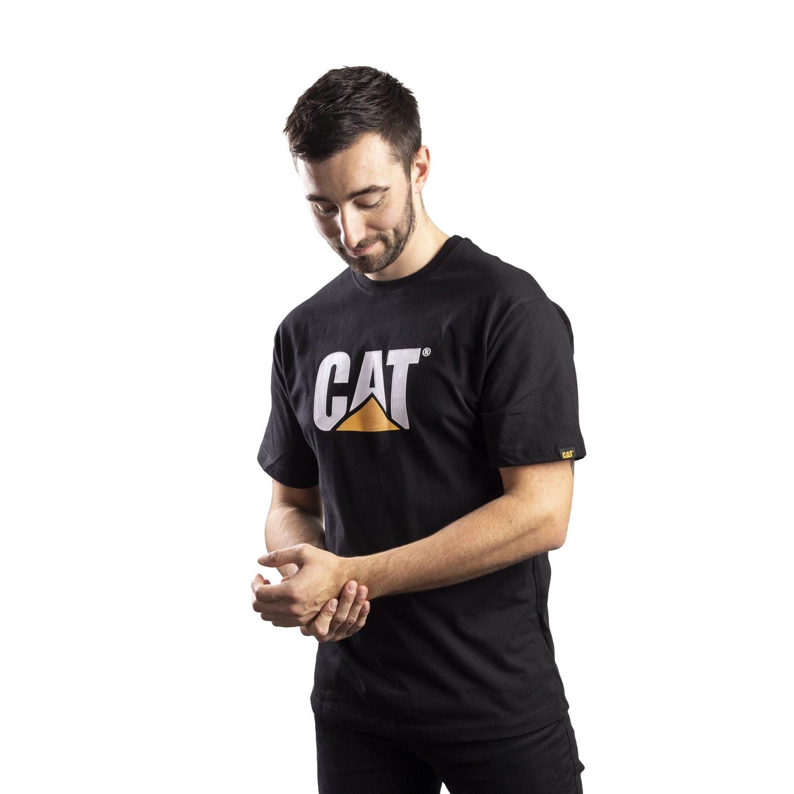 Caterpillar Trademark Logo T-Shirts À Manches Courtes Noirs En Coton Pour Hommes