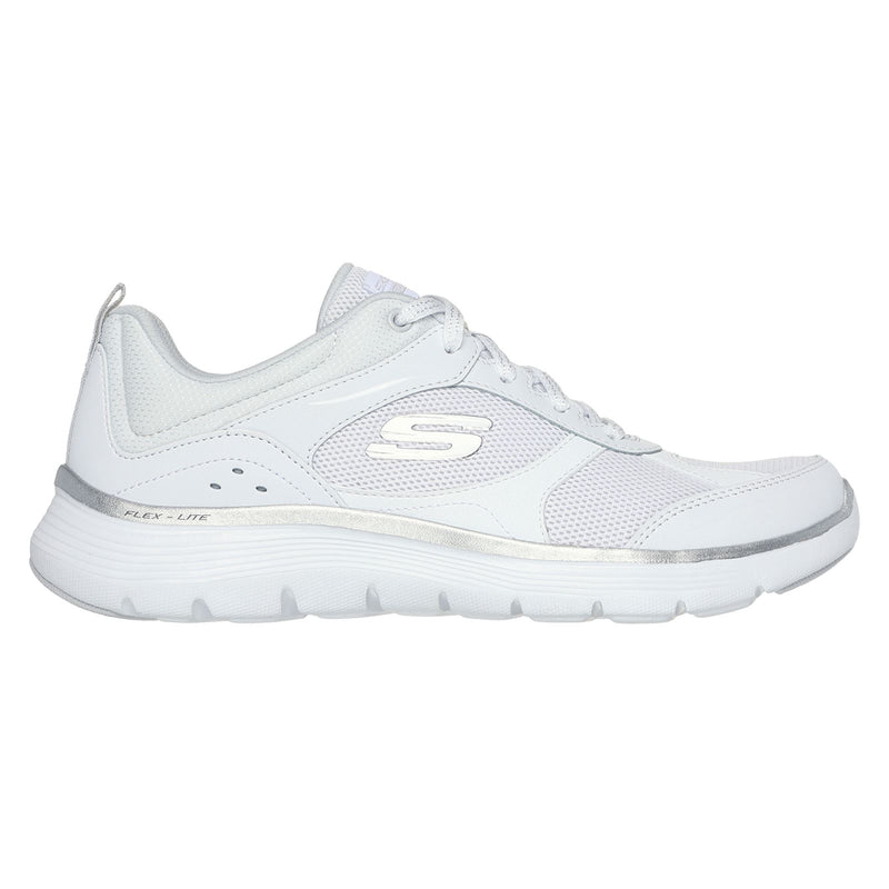 Skechers Flex Appeal 5.0 Fresh Touch Baskets En Cuir Blanc/Argent Pour Femmes