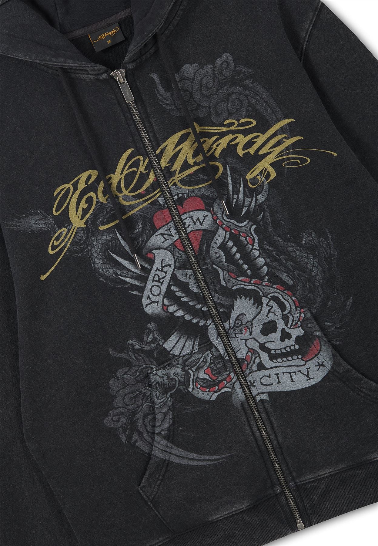 Ed Hardy New York Washed Relaxed Zip Thru Sweats à Capuche Noirs Pour Hommes
