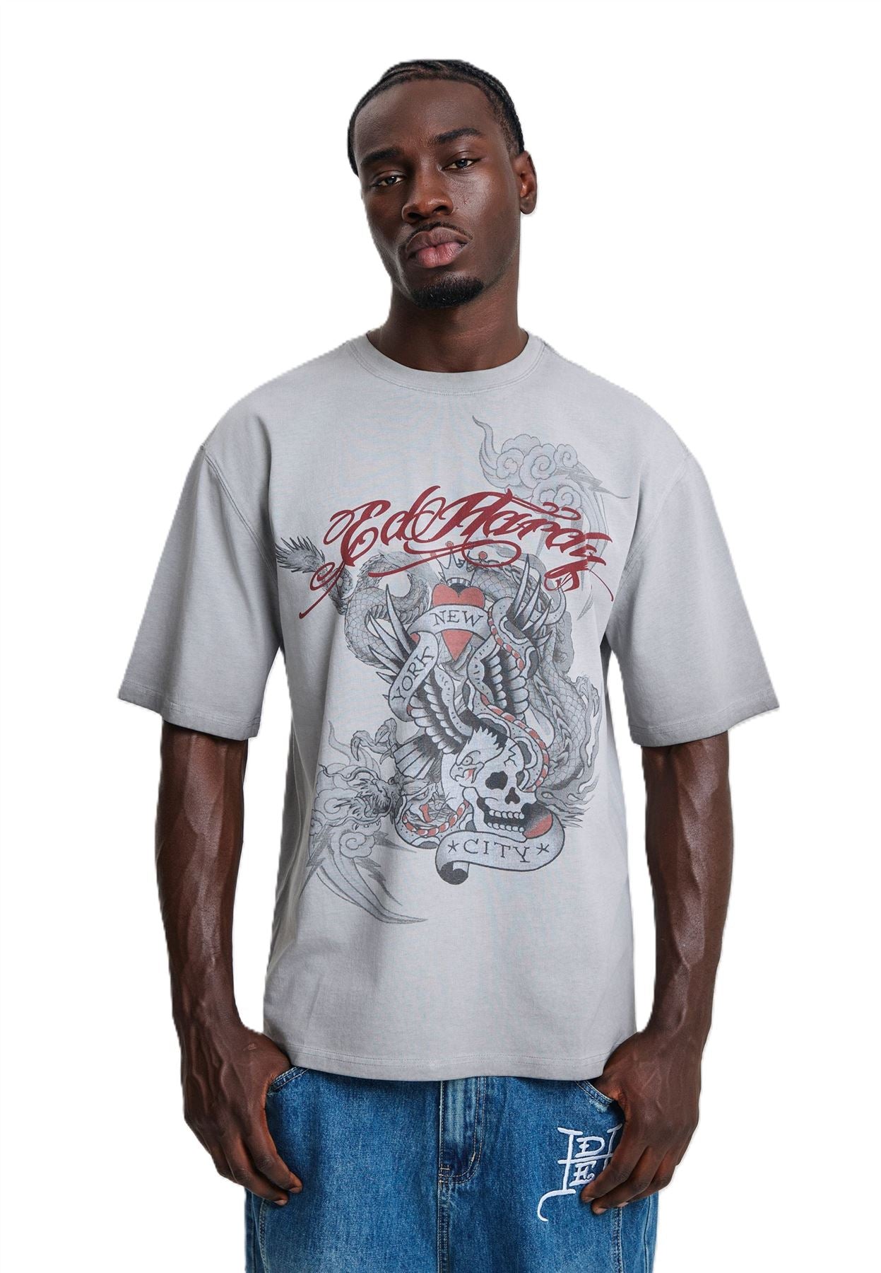 Ed Hardy Oil Wash New York Graphic Relaxed T-Shirts Gris Pour Hommes