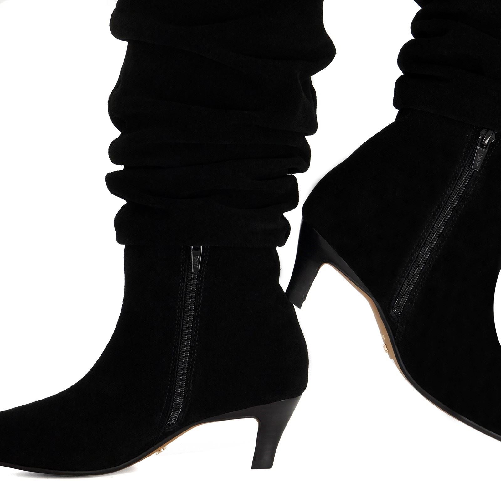 Dune Saunders Bottes Noires À Talons En Cuir Pour Femmes Haute Jusqu'Au Genou