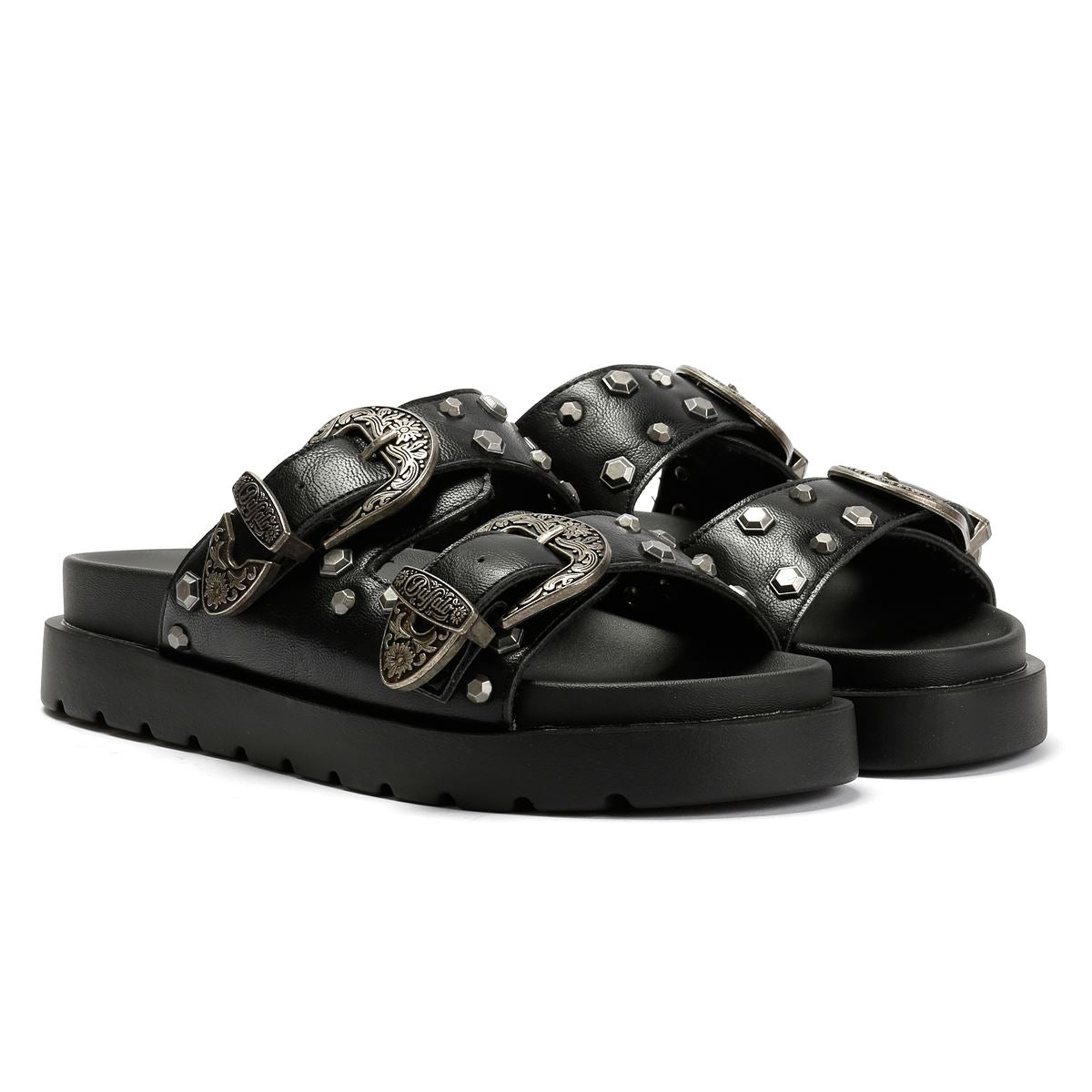 Buffalo Raya Ari West Sandales Noires En Cuir Pour Femmes