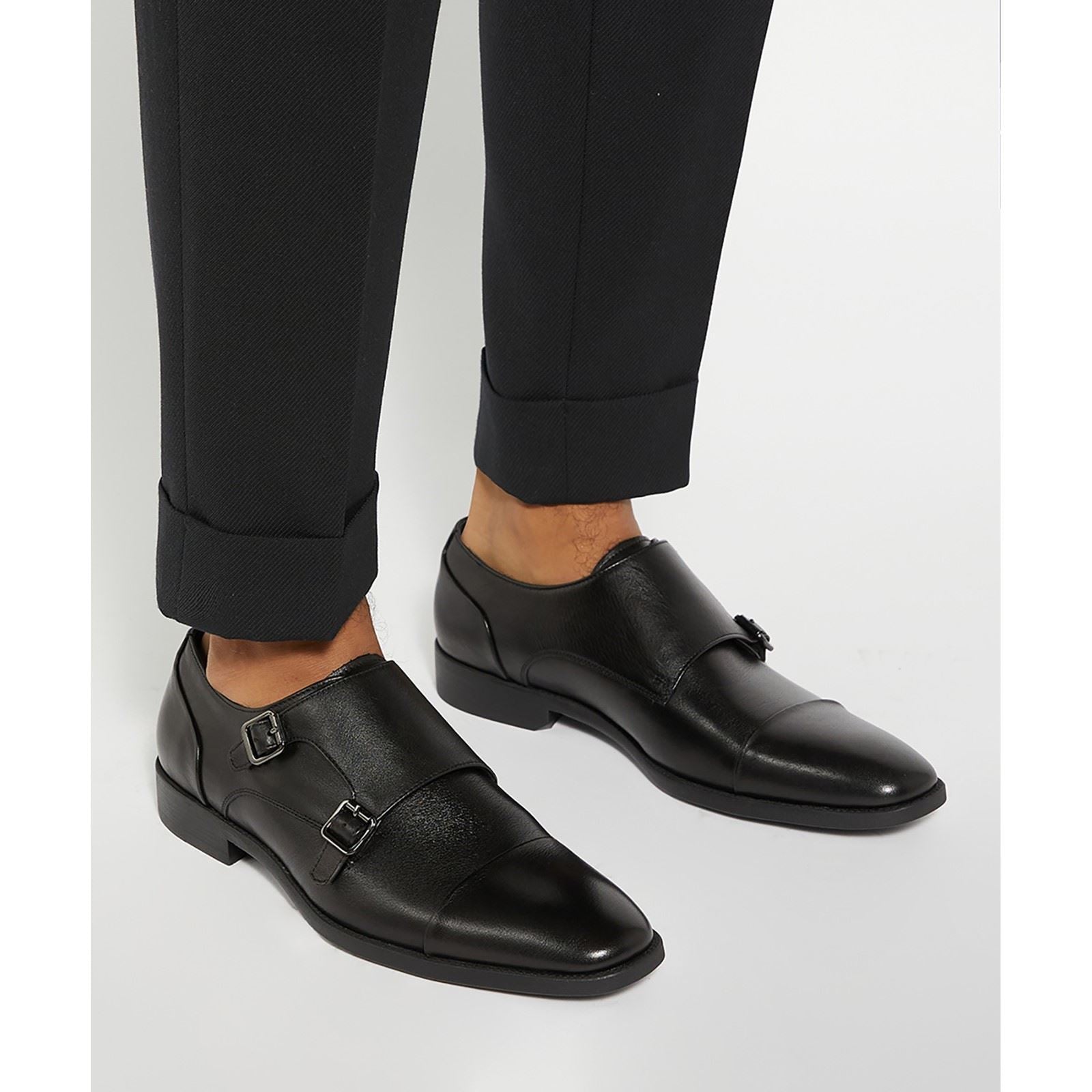Dune Satchin Chaussures Double Boucle Noires Pour Homme En Cuir