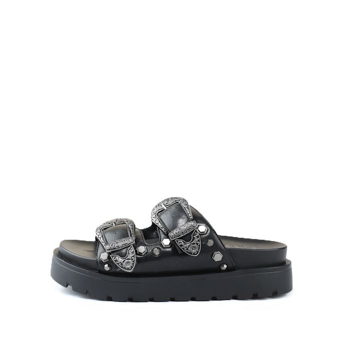 Buffalo Raya Ari West Sandales Noires En Cuir Pour Femmes