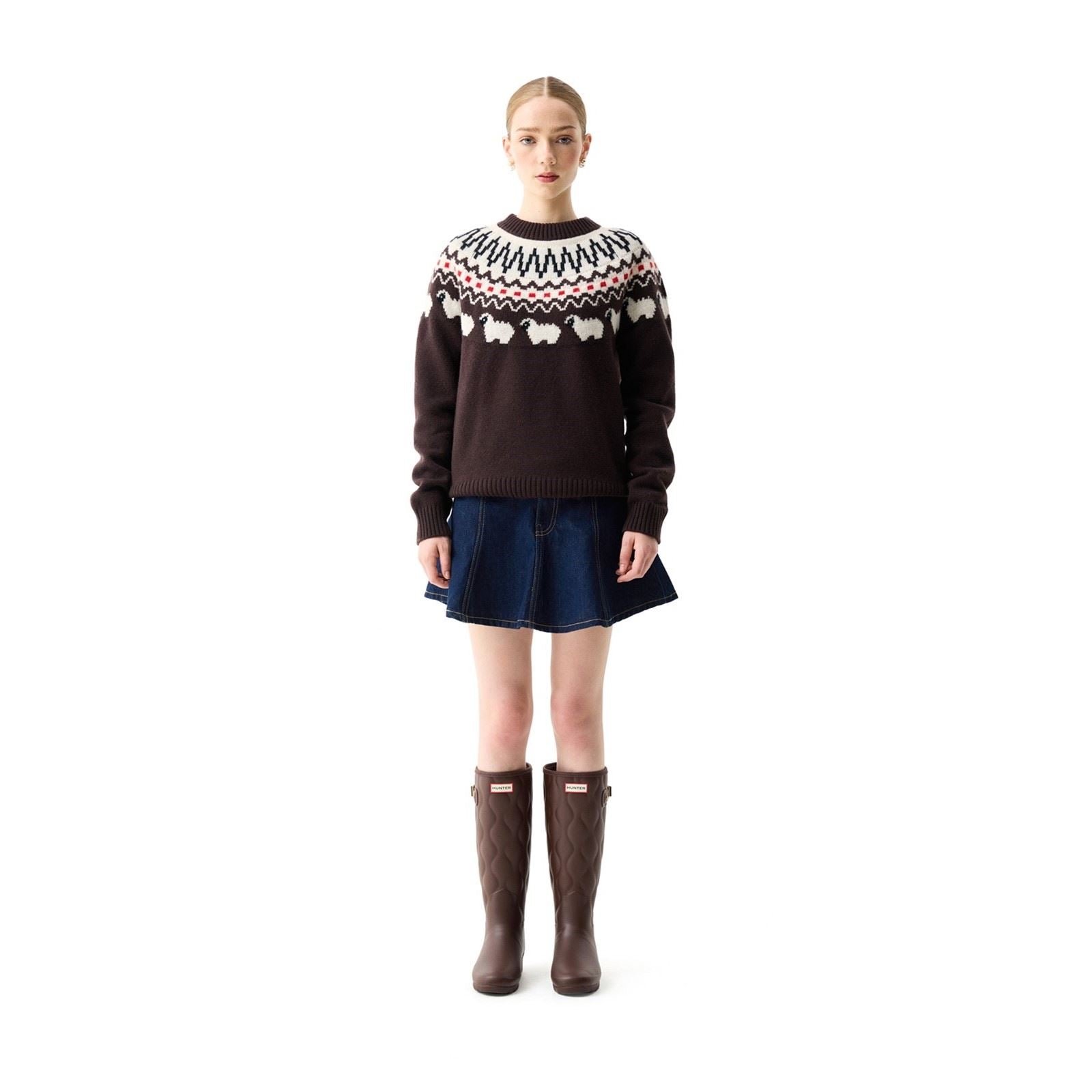 Hunter Ashie Crew Fair Isle Knit Pulls En Polyester Pour Femmes Couleur Chocolat À Col Rond