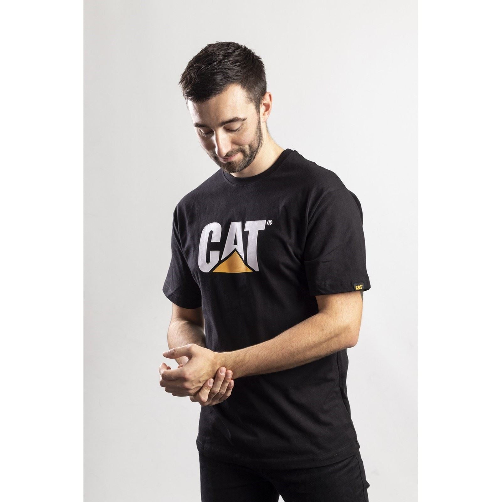 Caterpillar Trademark Logo T-Shirts À Manches Courtes Noirs En Coton Pour Hommes