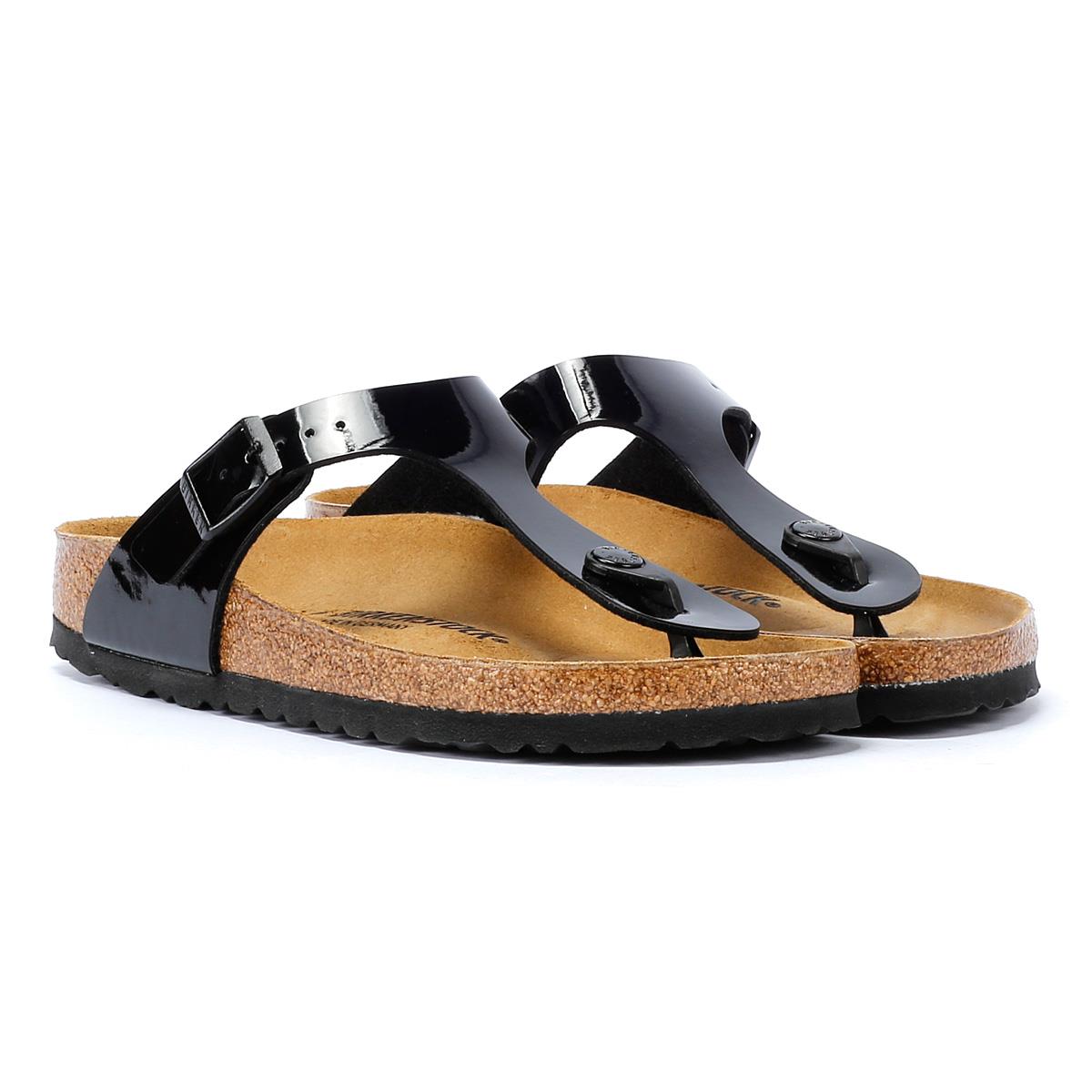 Birkenstock Gizeh Sandales Noires En Cuir Verni Pour Femmes