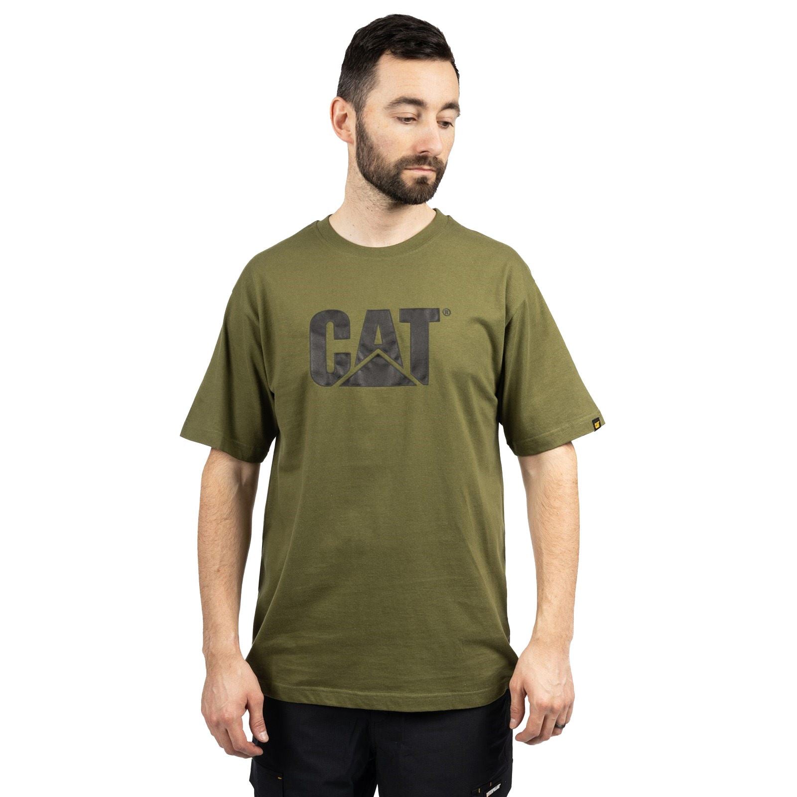 Caterpillar Trademark Logo T-Shirts En Coton Pour Hommes Verts À Manches Courtes