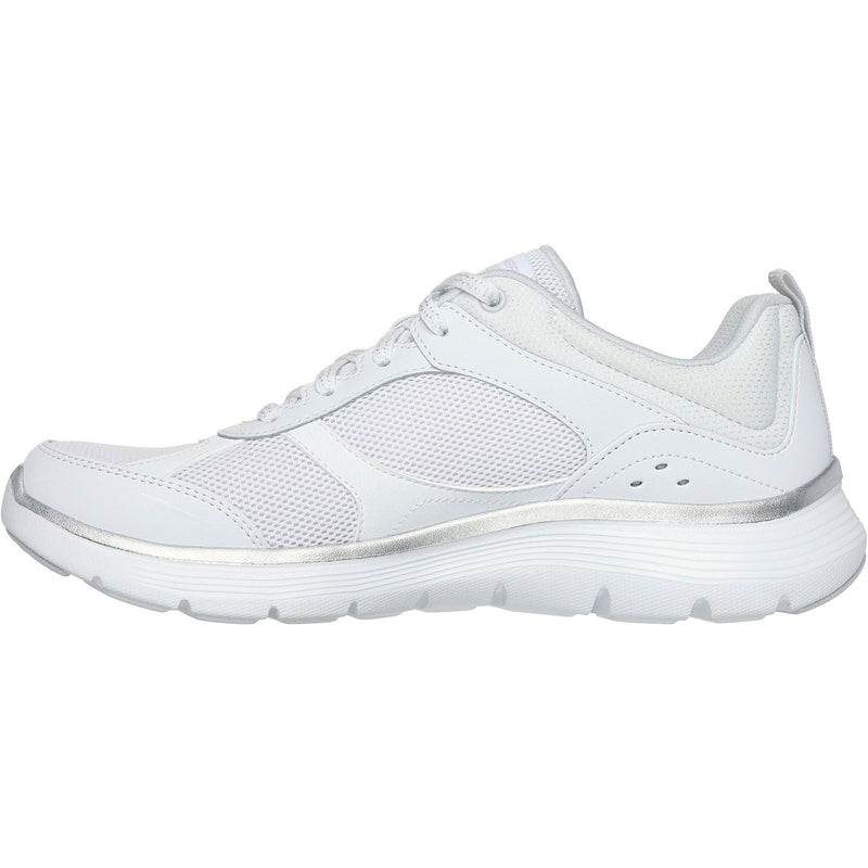 Skechers Flex Appeal 5.0 Fresh Touch Baskets En Cuir Blanc/Argent Pour Femmes